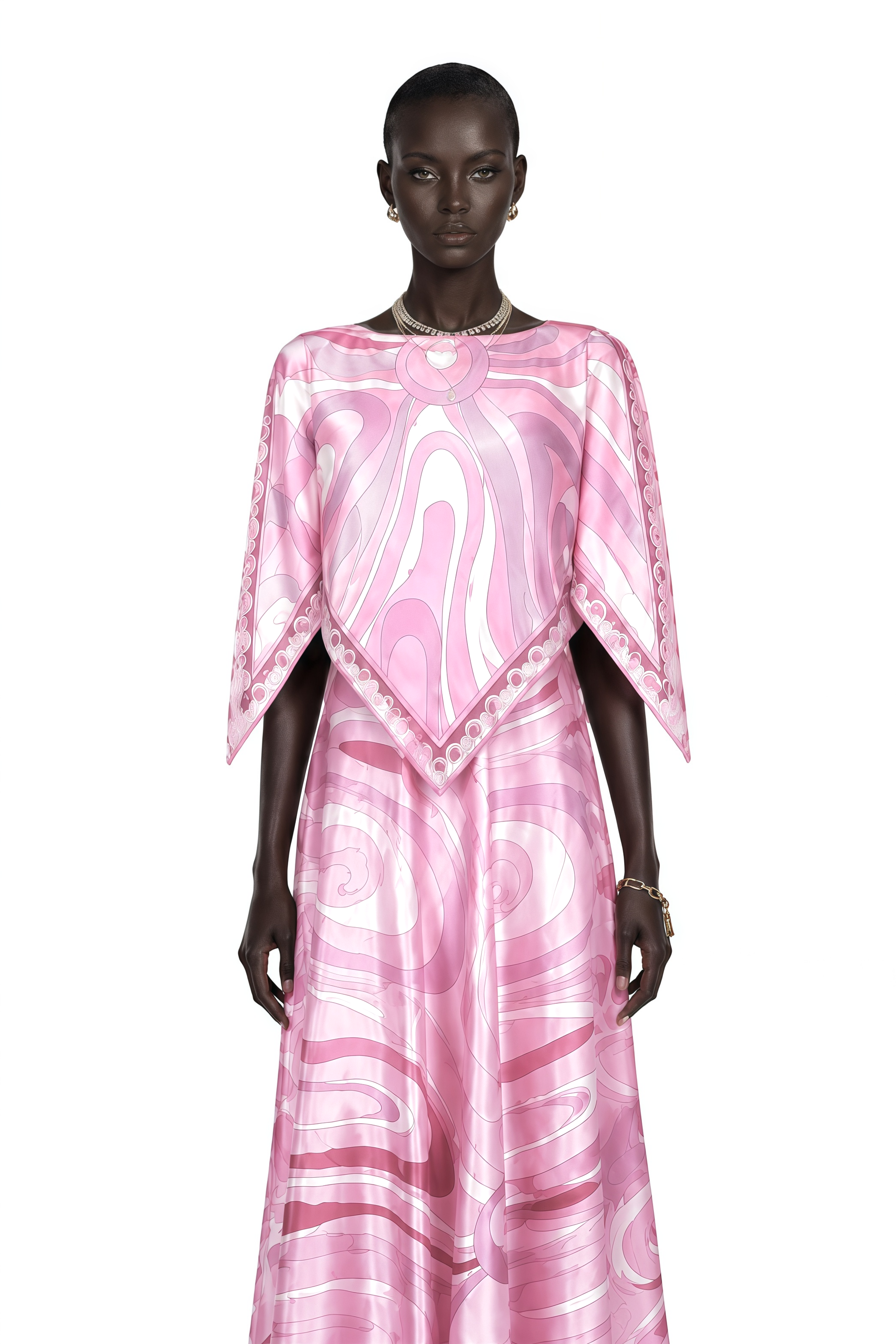 Cassia Pink Printed Cape Top & Maxi Skirt Set