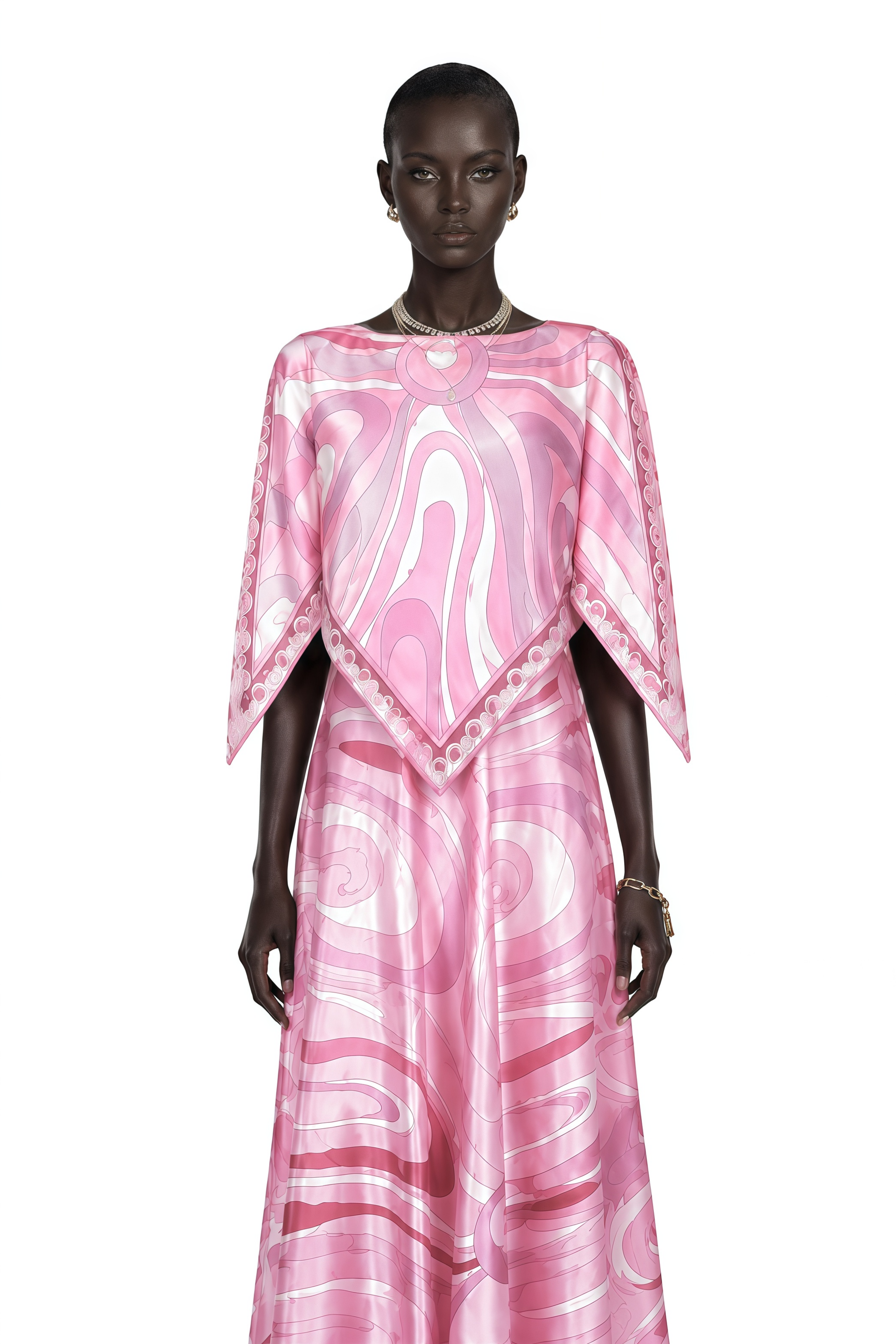 Pink printed boat-neck maxi dress with handkerchief cape overlay