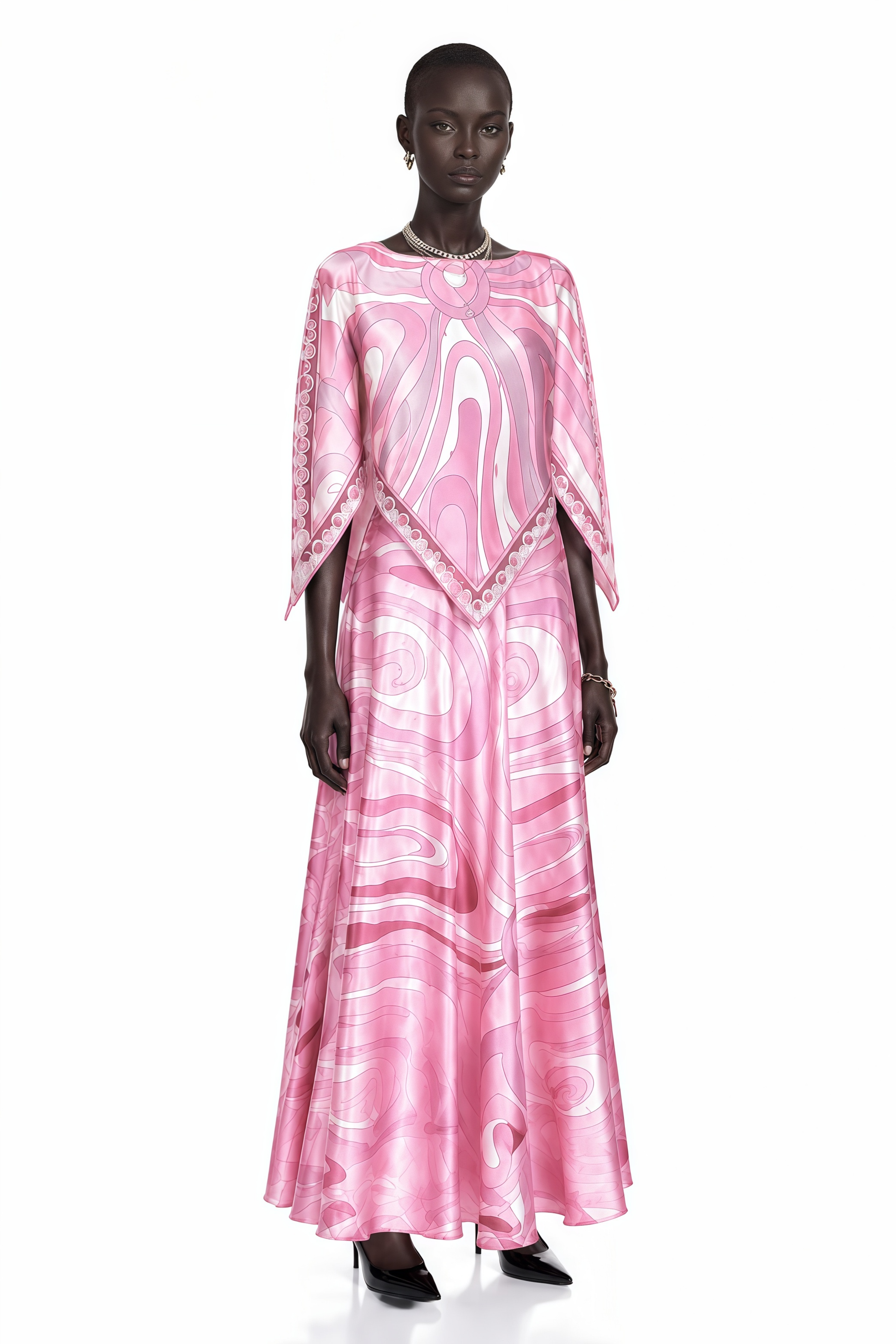 Pink printed boat-neck maxi dress with handkerchief cape overlay