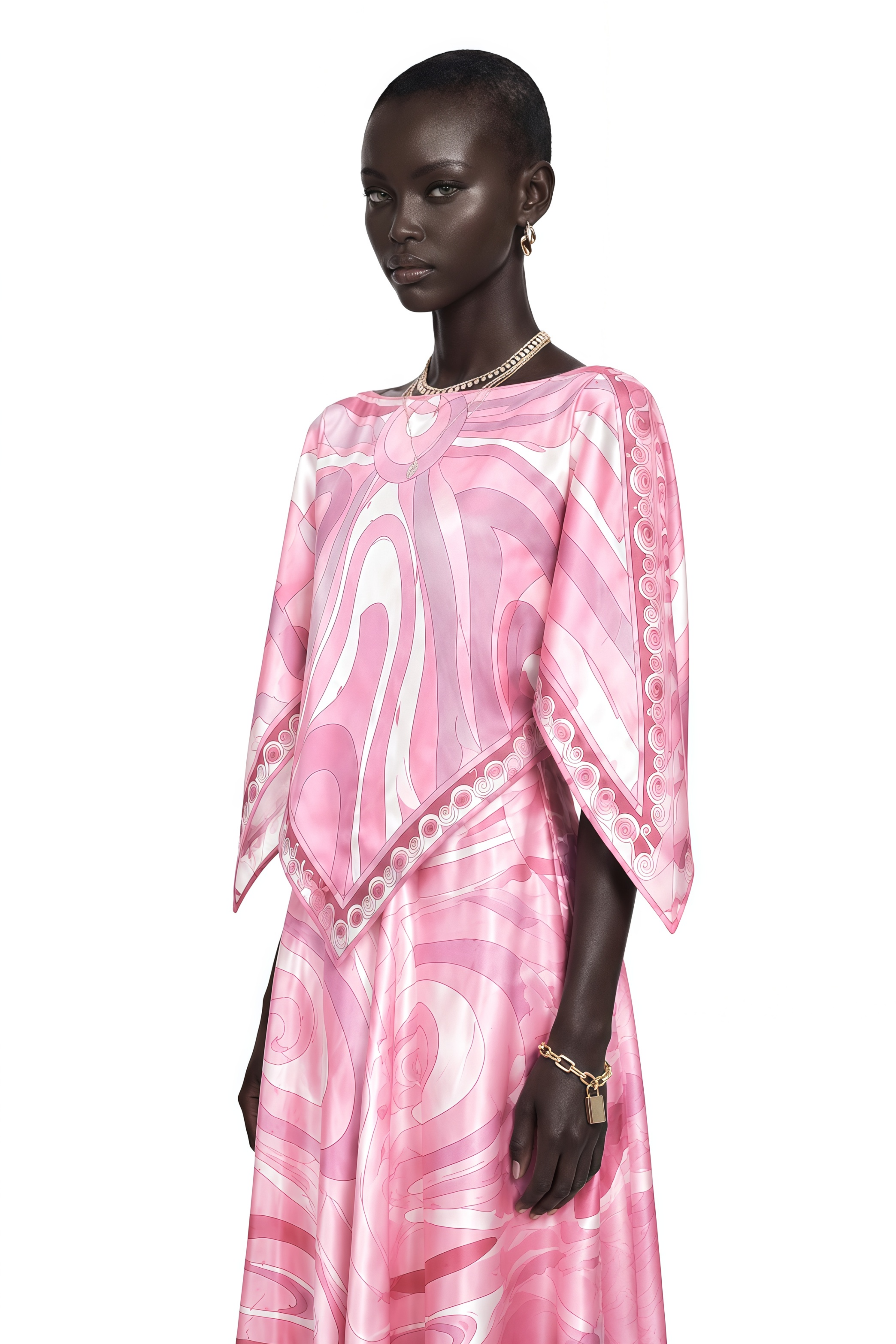 Pink printed boat-neck maxi dress with handkerchief cape overlay