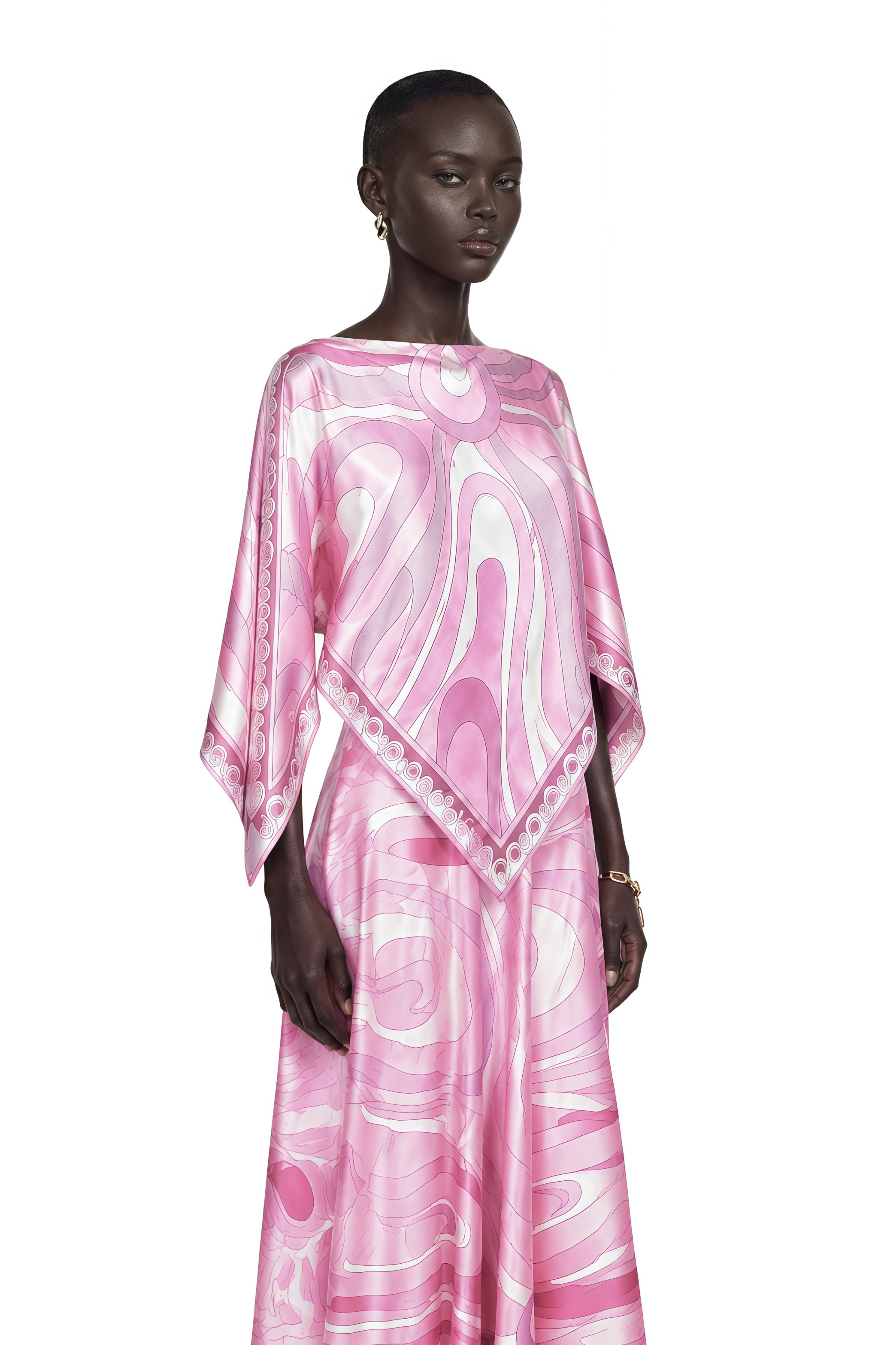 Cassia Pink Printed Cape Top & Maxi Skirt Set