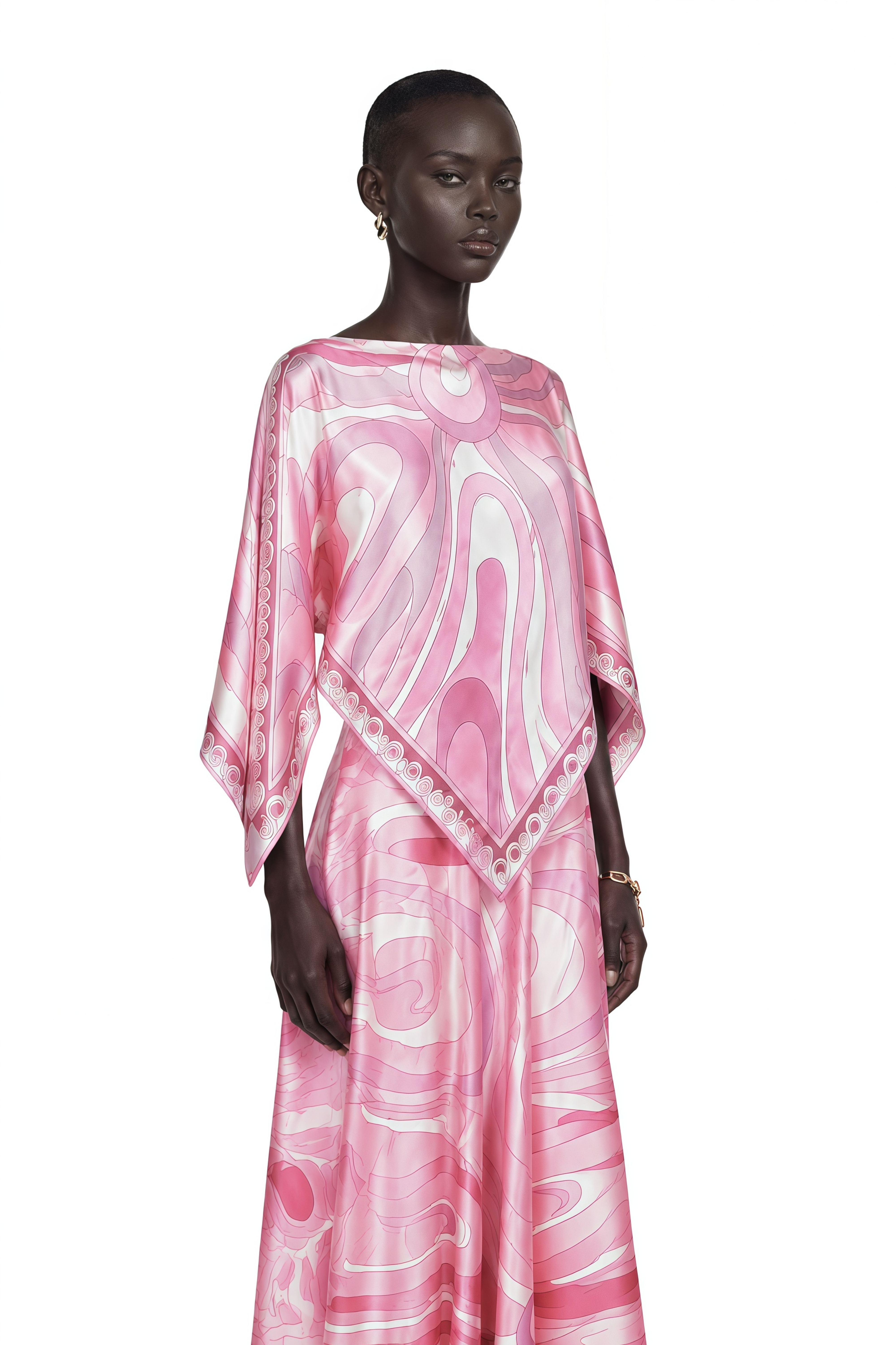 Pink printed boat-neck maxi dress with handkerchief cape overlay