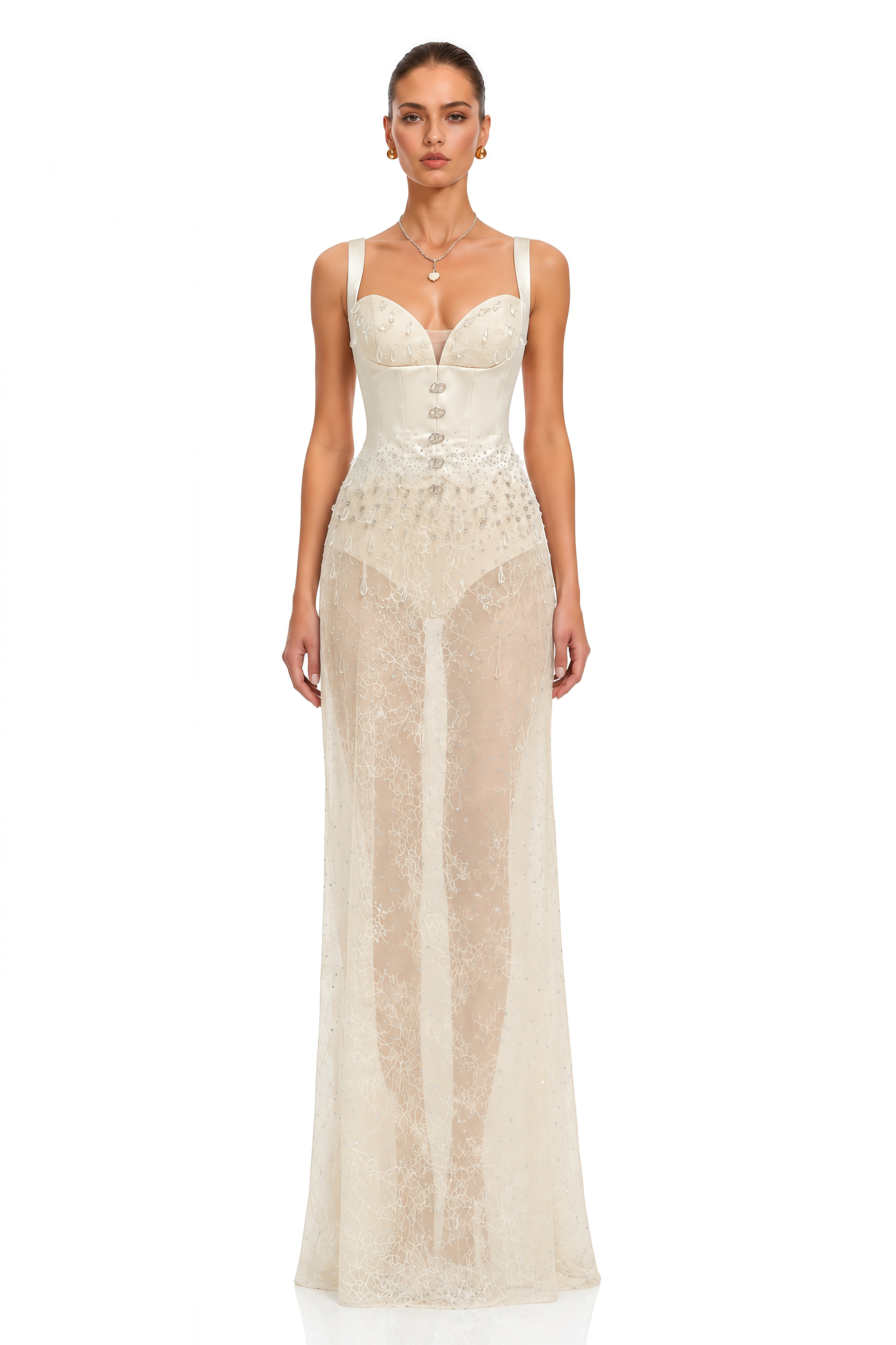 Cassidy White Embellished Corset Lace Maxi Dress