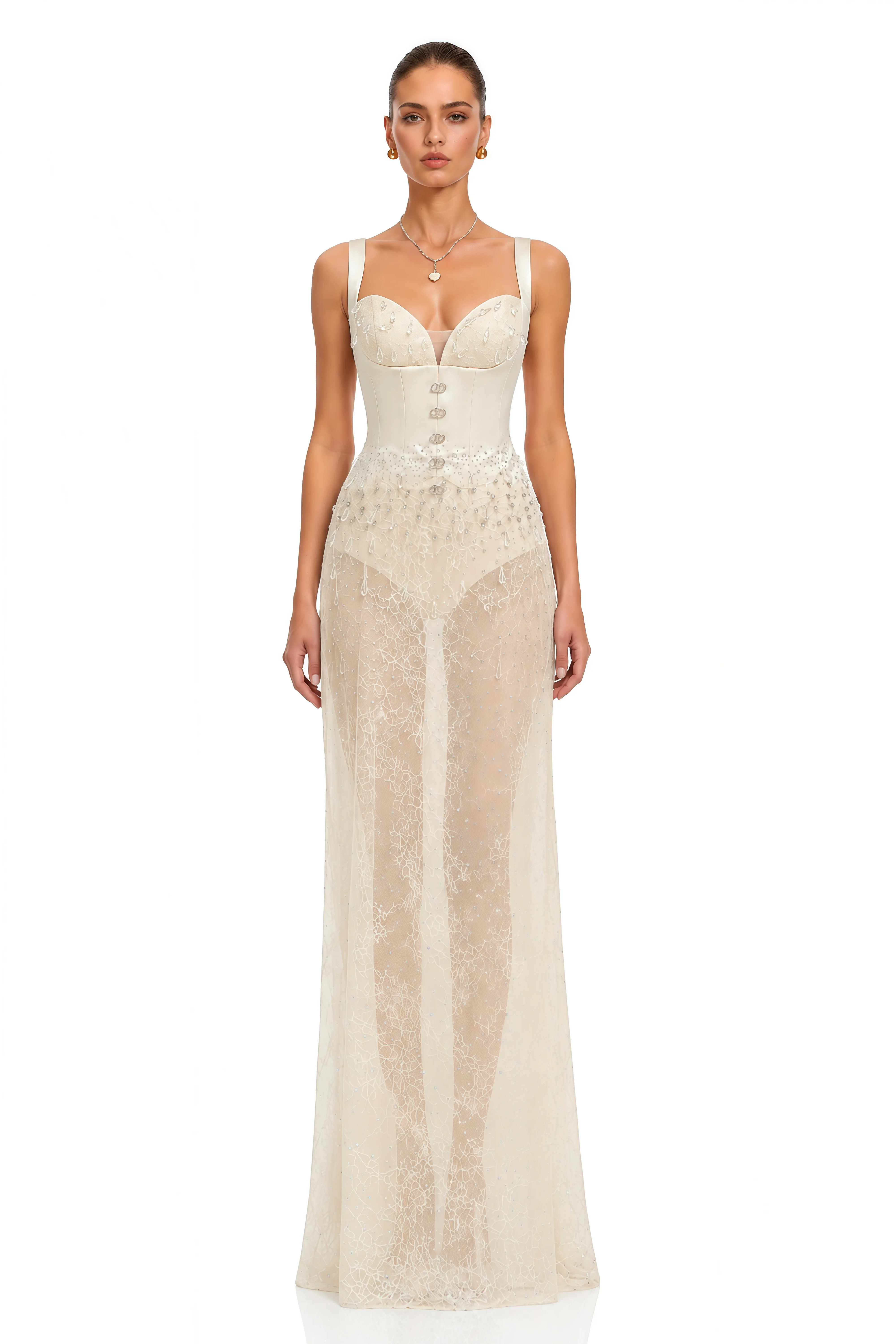 Cassidy White Embellished Corset Lace Maxi Dress
