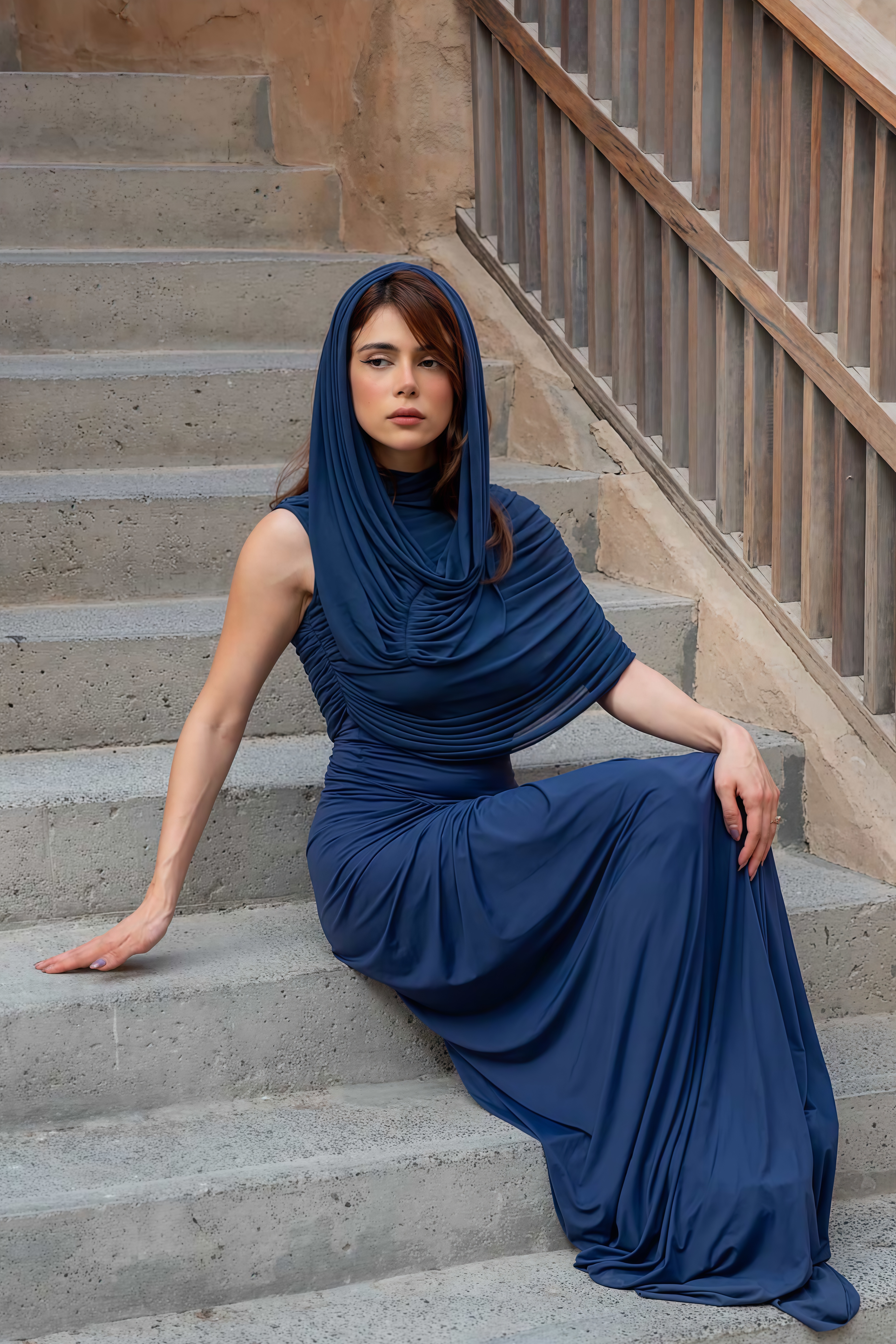 Catherine asymmetrical pleated maxi dress in Navy-blue