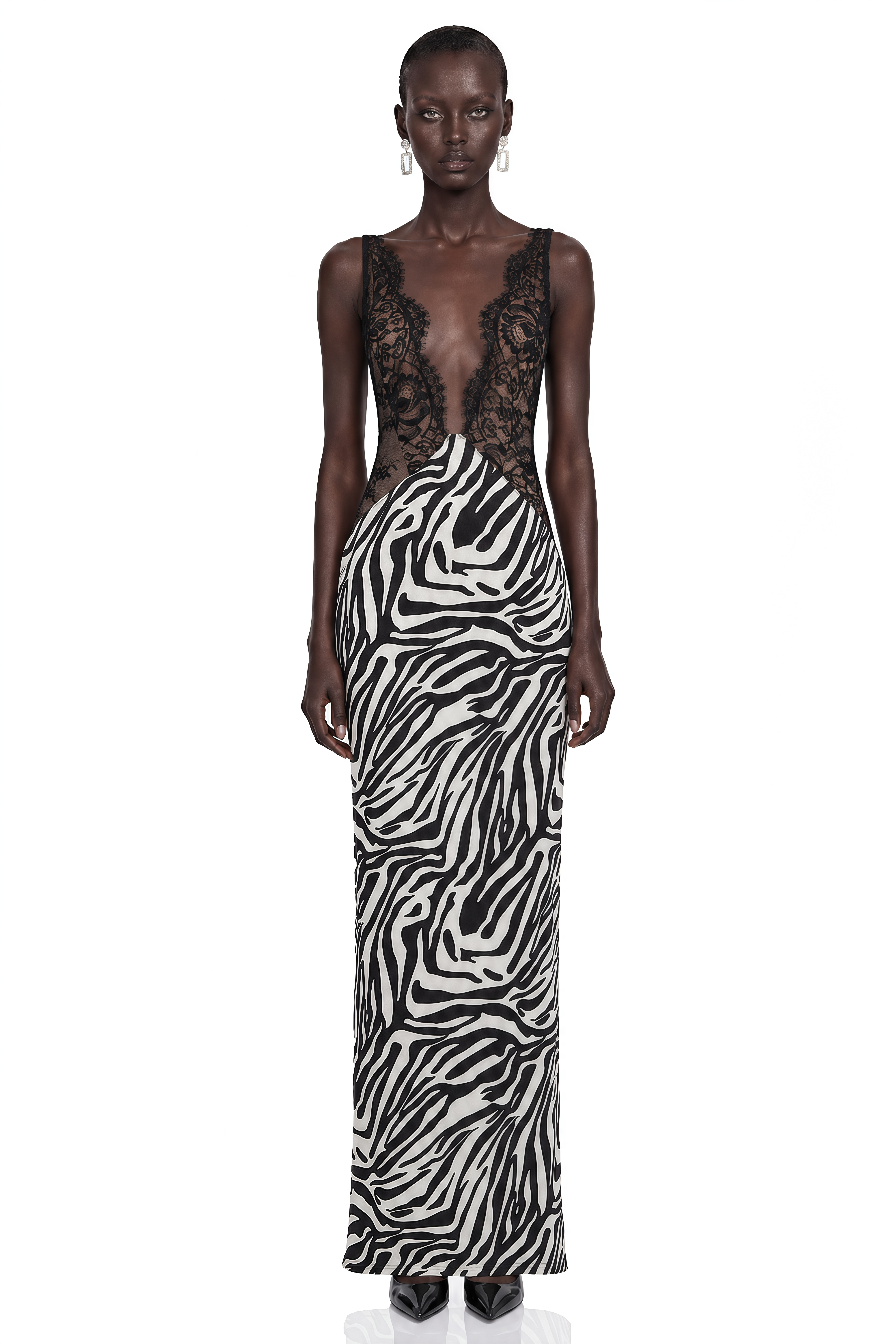 Catriona Black Zebra Print Lace Maxi Dress