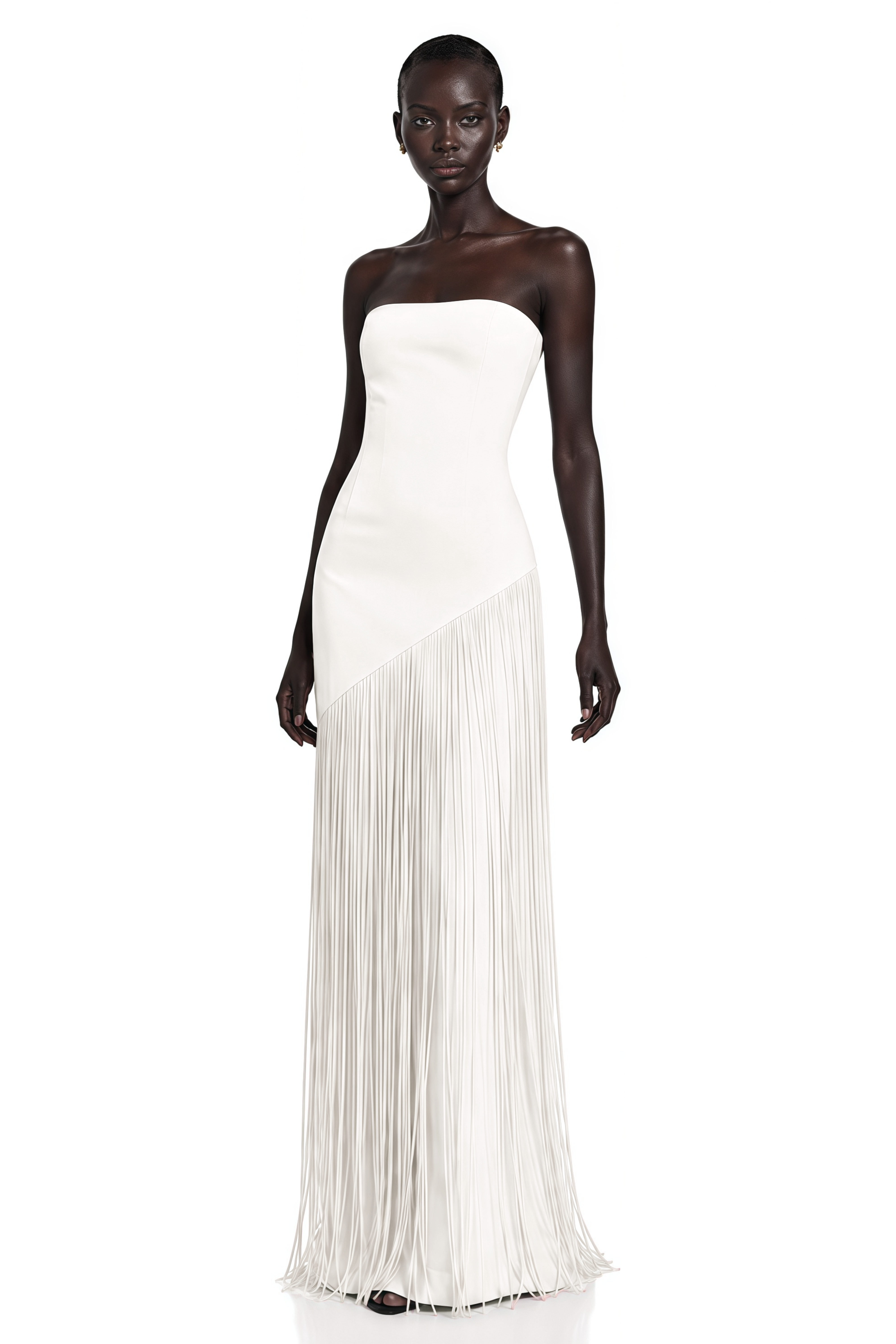 Cayetana White Fringe Maxi Dress with Cape Effect