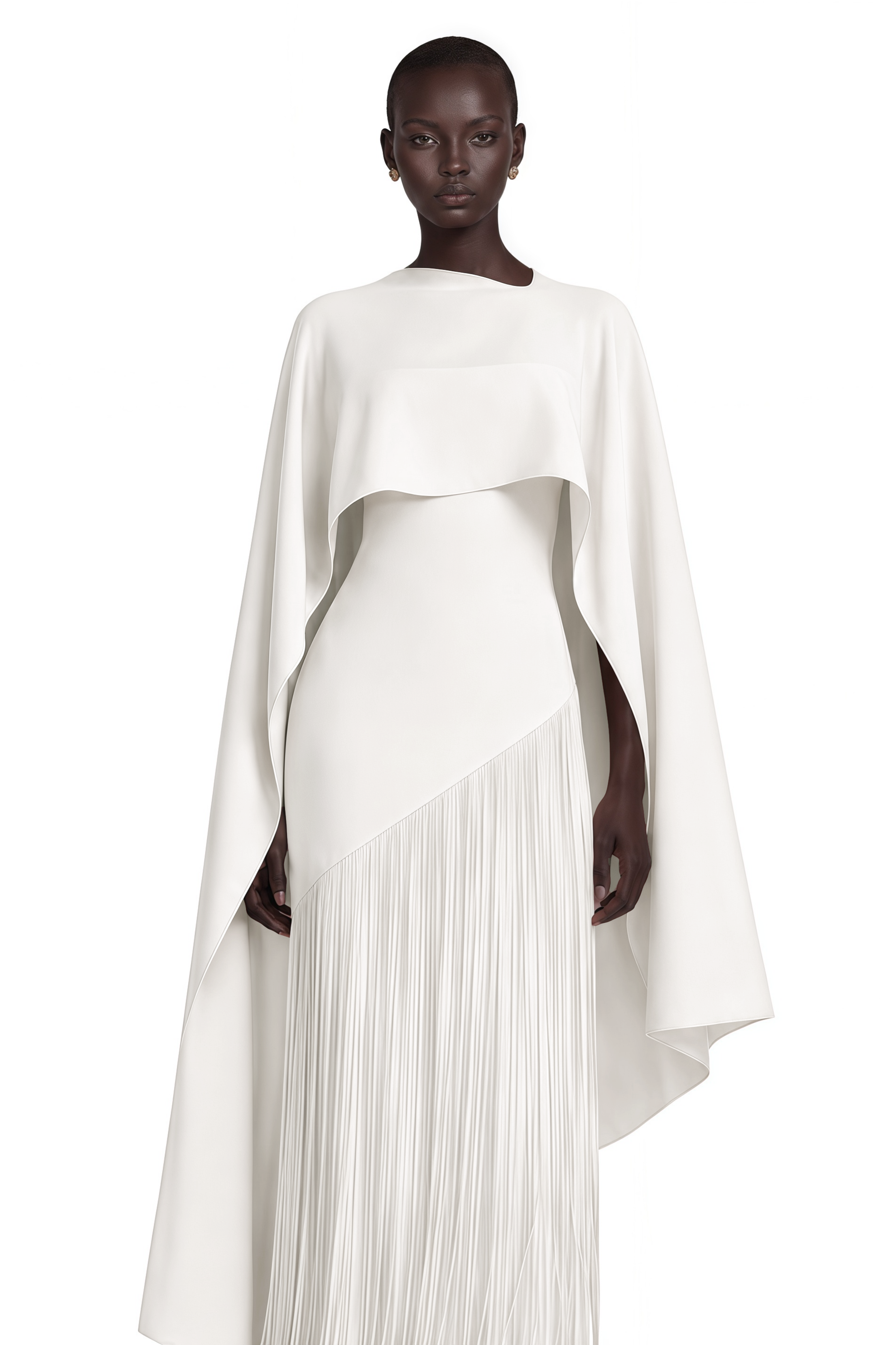 Cayetana White Fringe Maxi Dress with Cape Effect