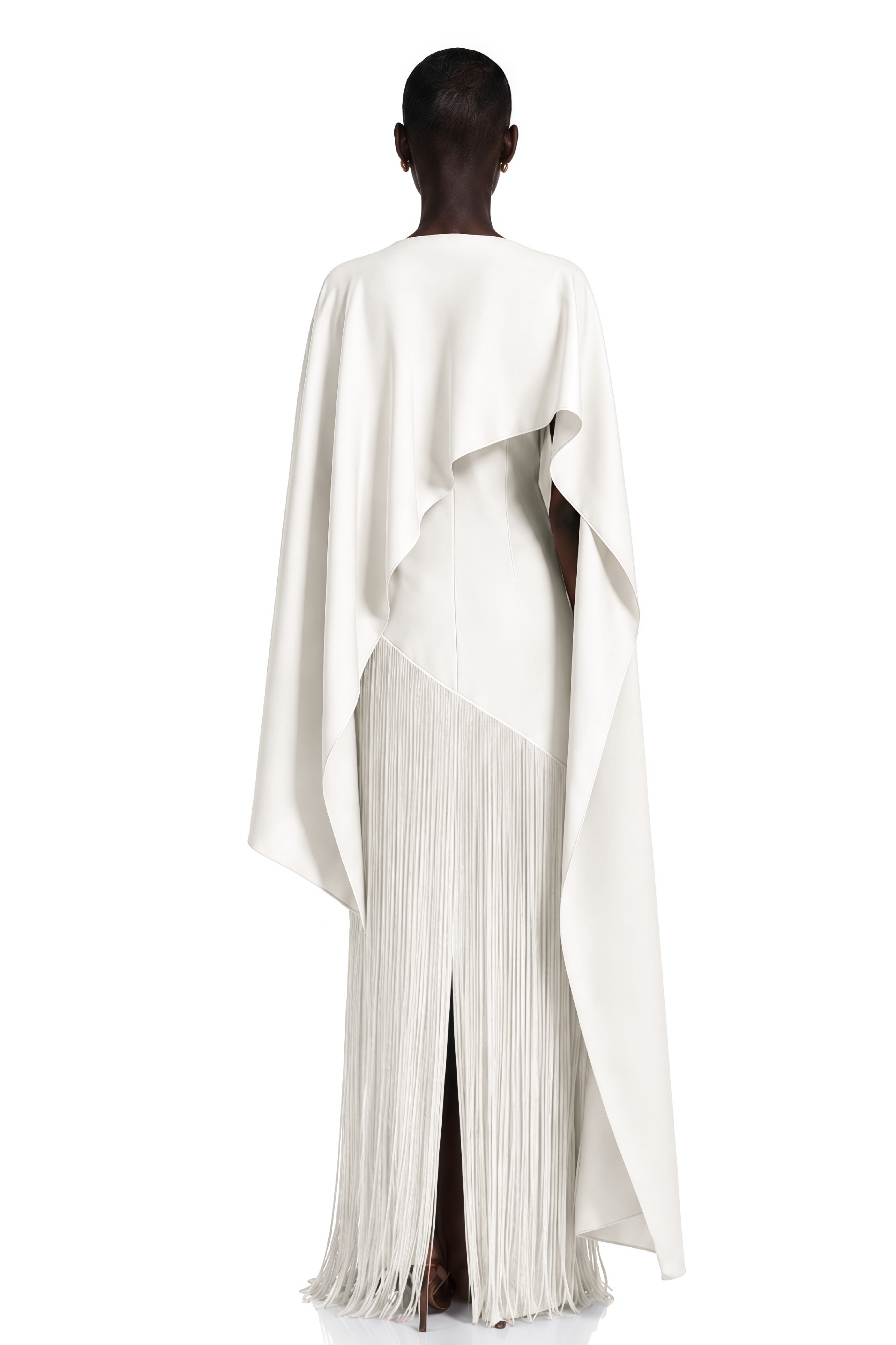 Cayetana White Fringe Maxi Dress with Cape Effect
