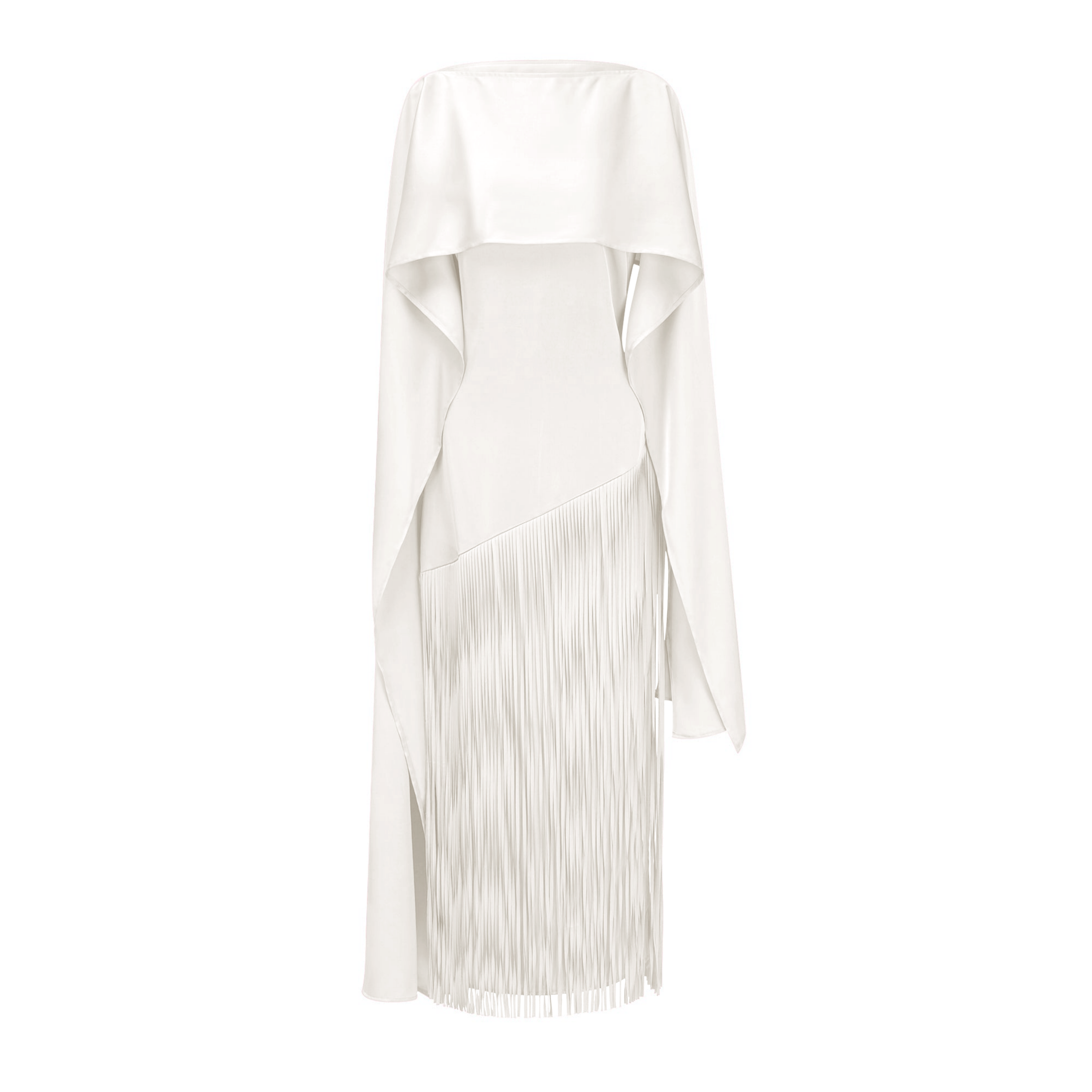 Cayetana White Fringe Maxi Dress with Cape Effect