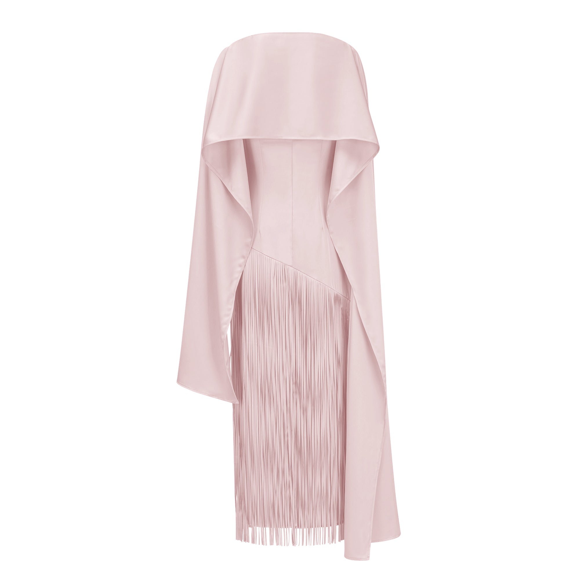Blush pink maxi dress with a matching overlay cape and a long asymmetric fringe skirt