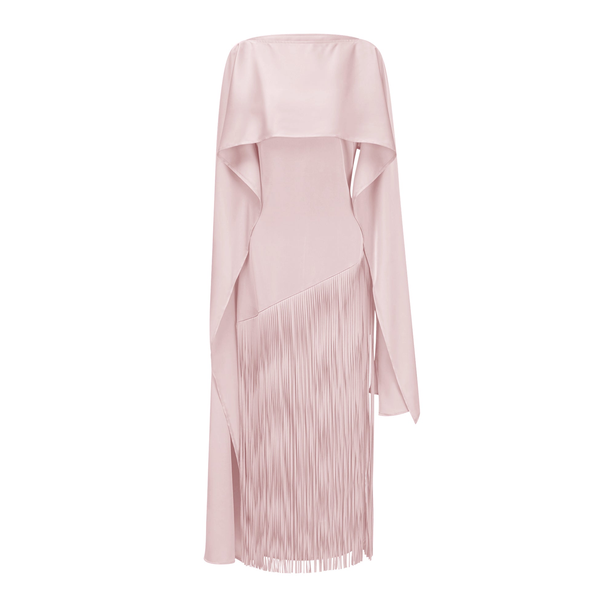 Blush pink maxi dress with a matching overlay cape and a long asymmetric fringe skirt