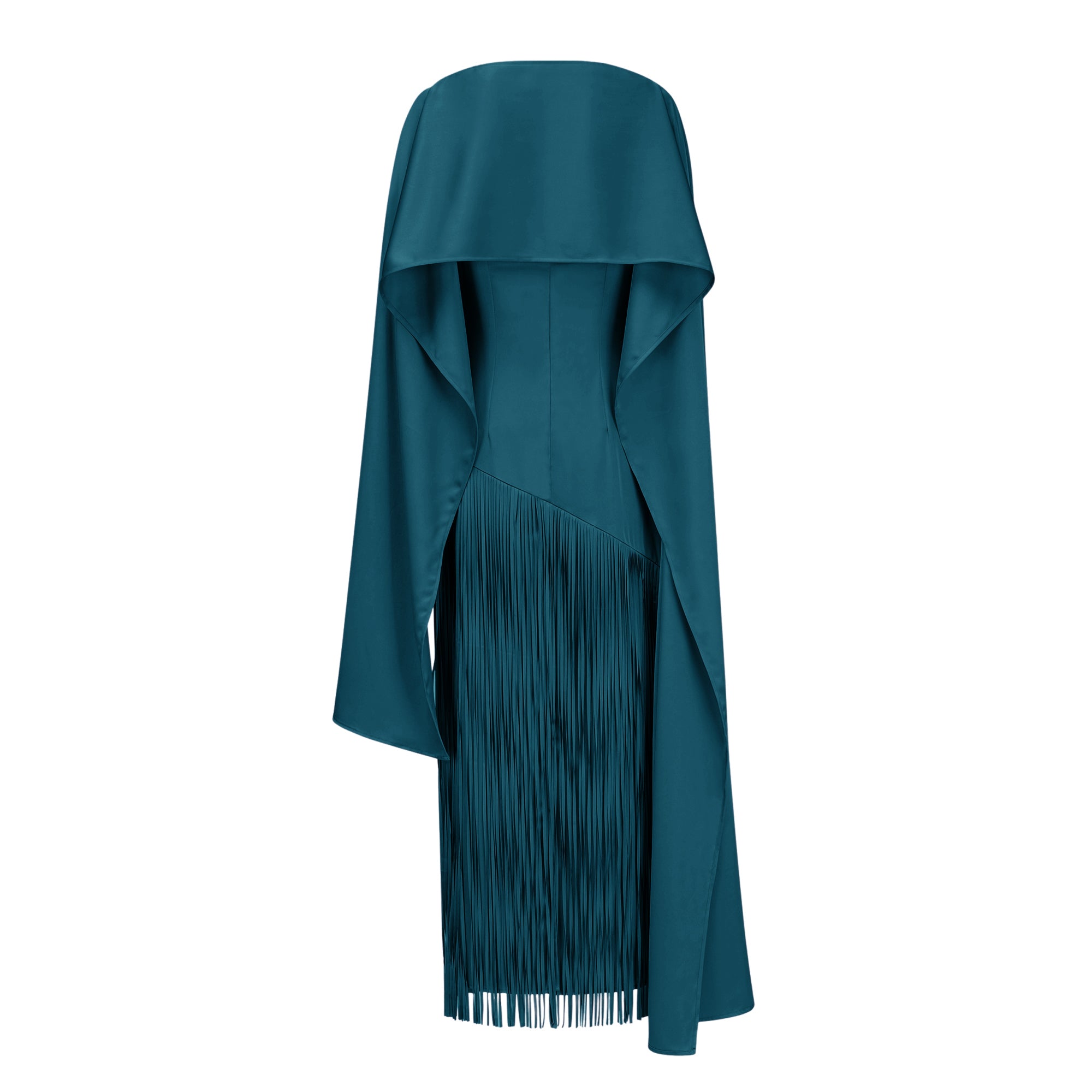 Teal blue maxi dress with a matching overlay cape and a long asymmetric fringe skirt