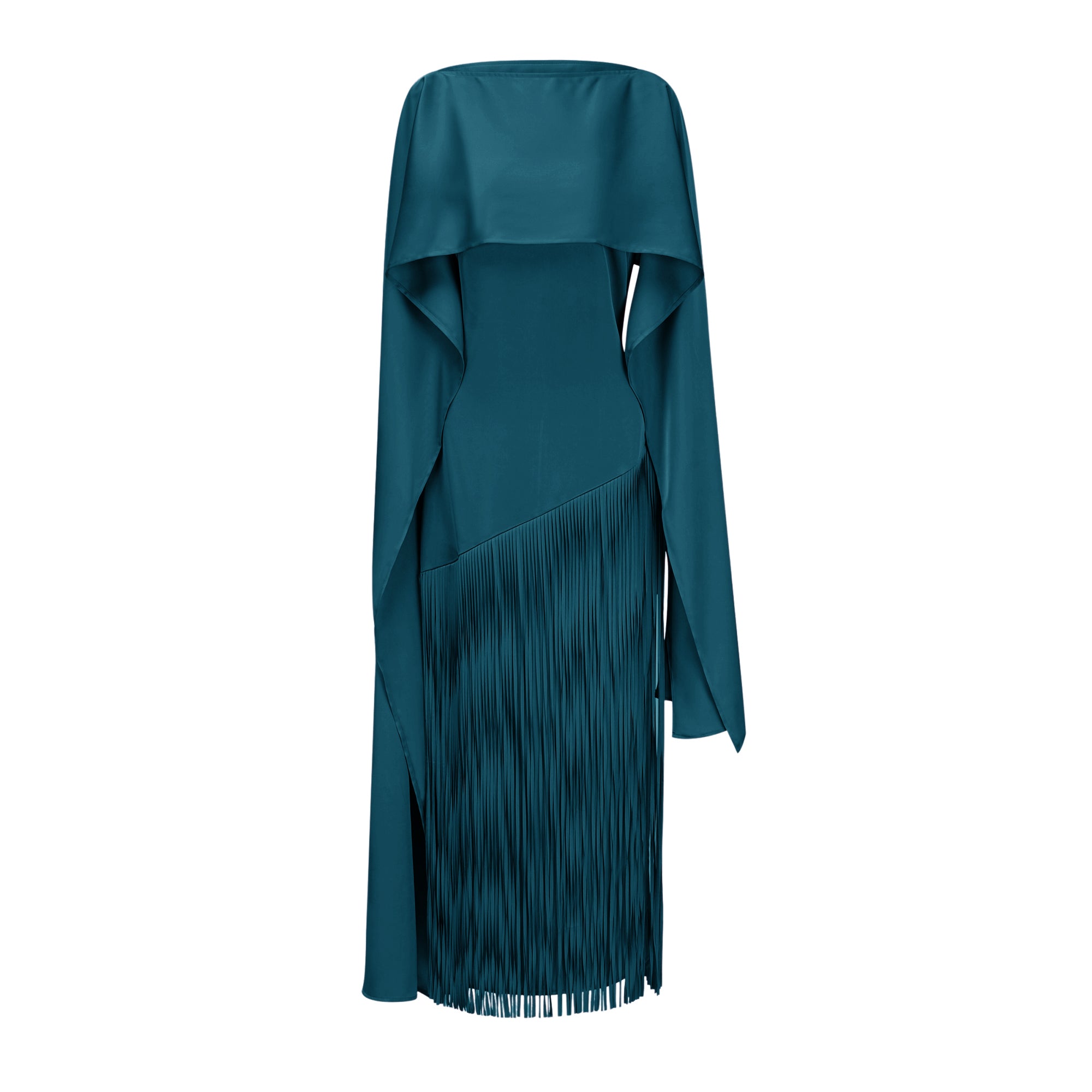 Teal blue maxi dress with a matching overlay cape and a long asymmetric fringe skirt