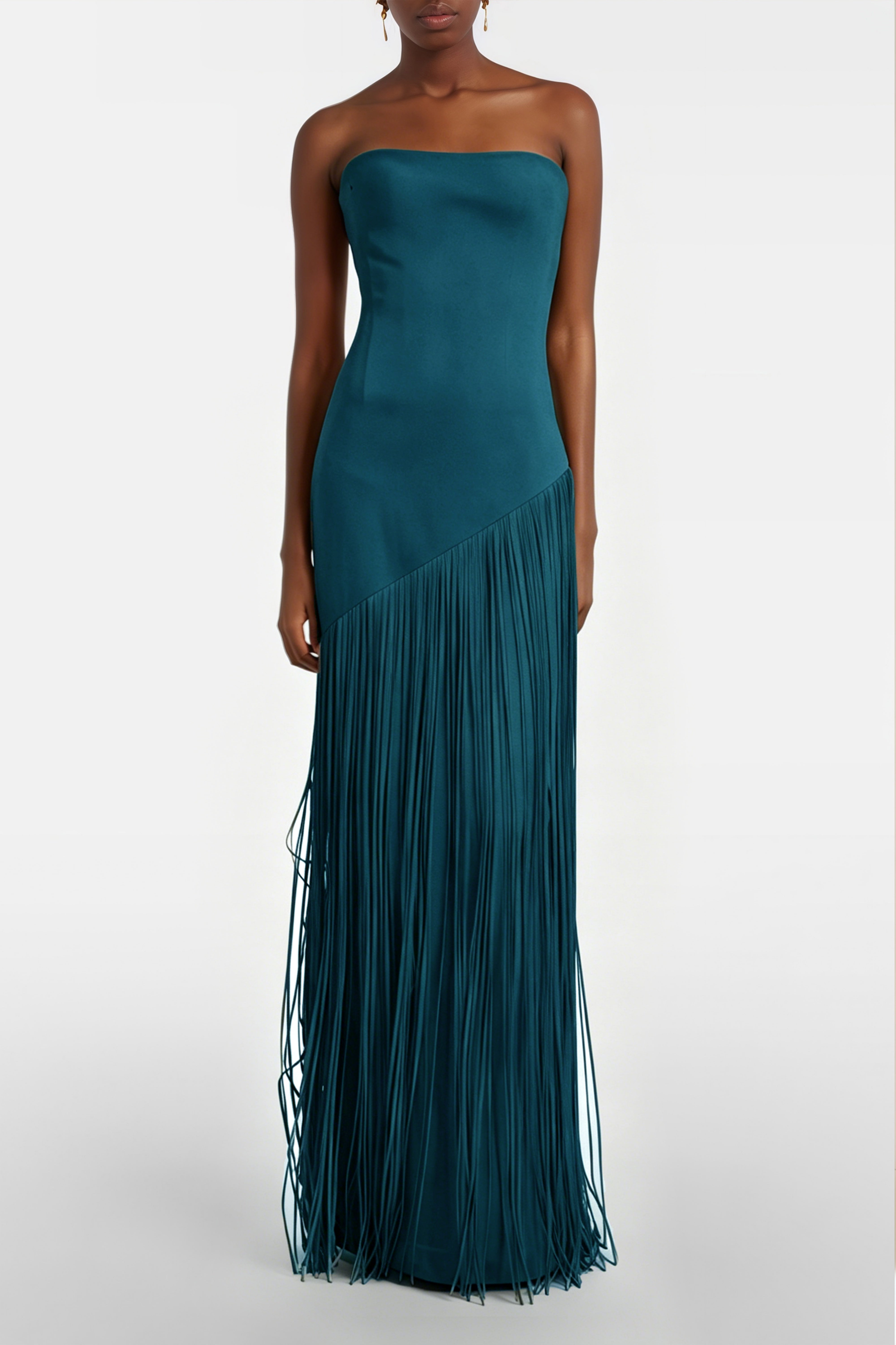 Teal blue maxi dress with a matching overlay cape and a long asymmetric fringe skirt