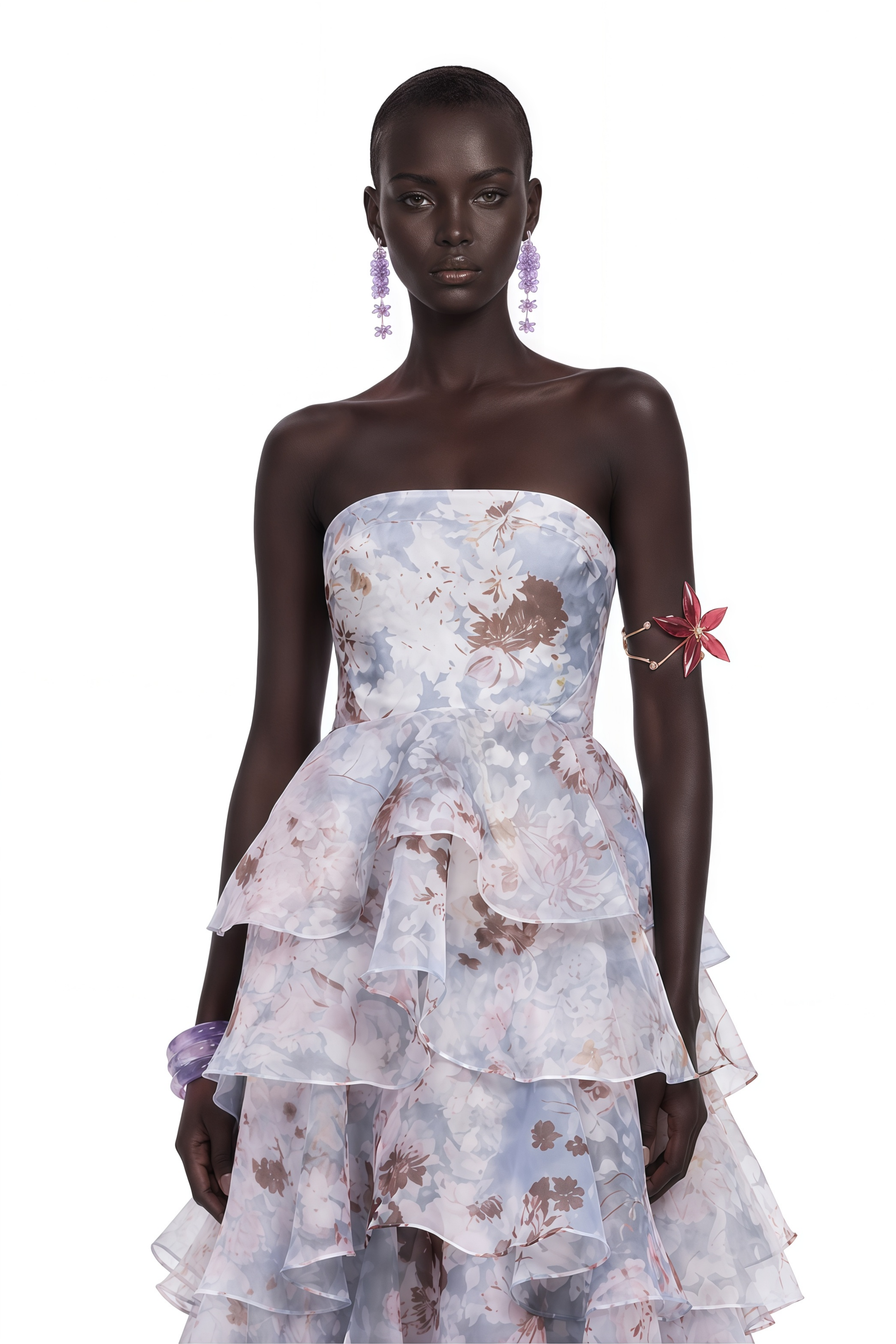 Cecile Purple Floral Print Strapless Tiered Maxi Dress