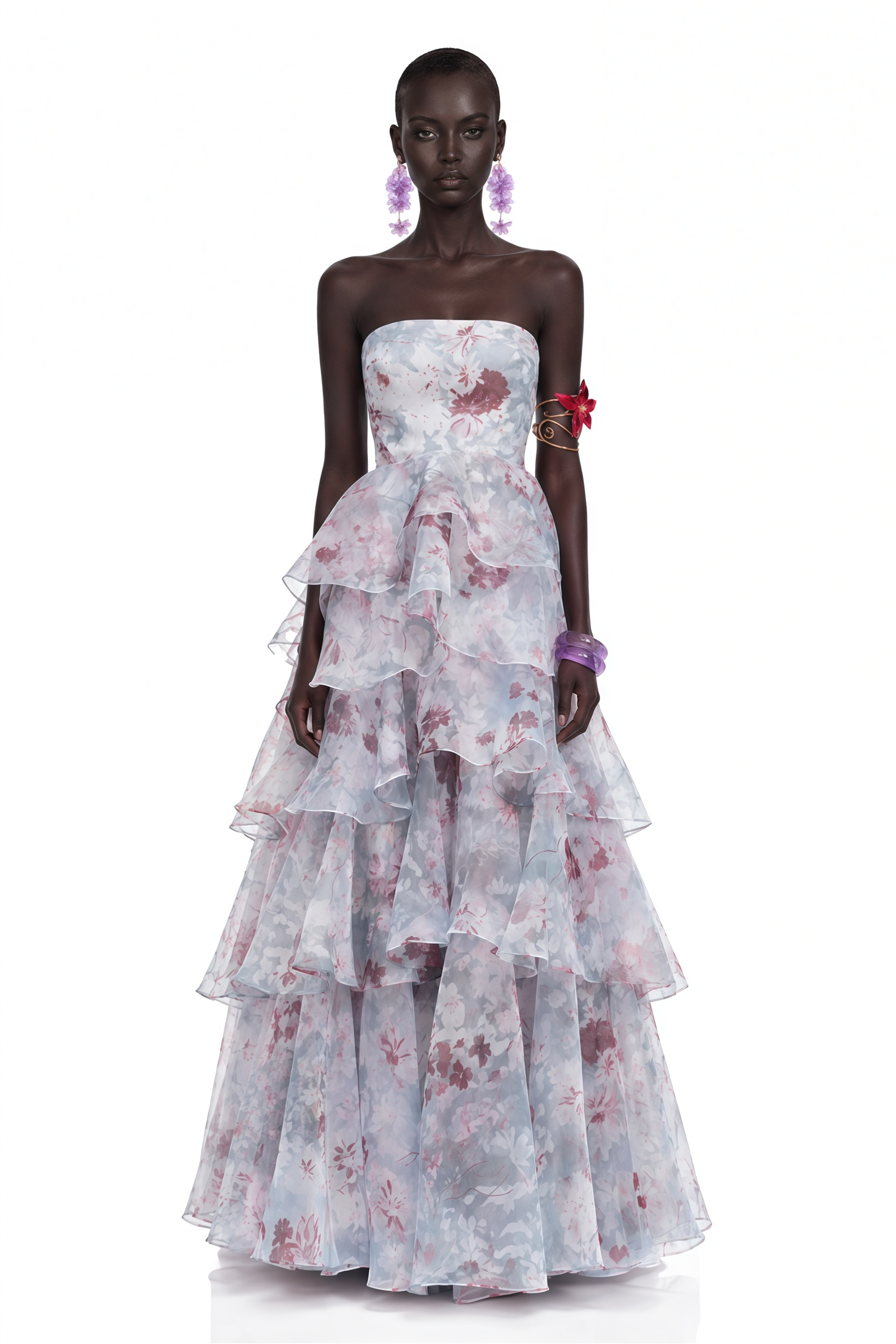 Cecile Purple Floral Print Strapless Tiered Maxi Dress
