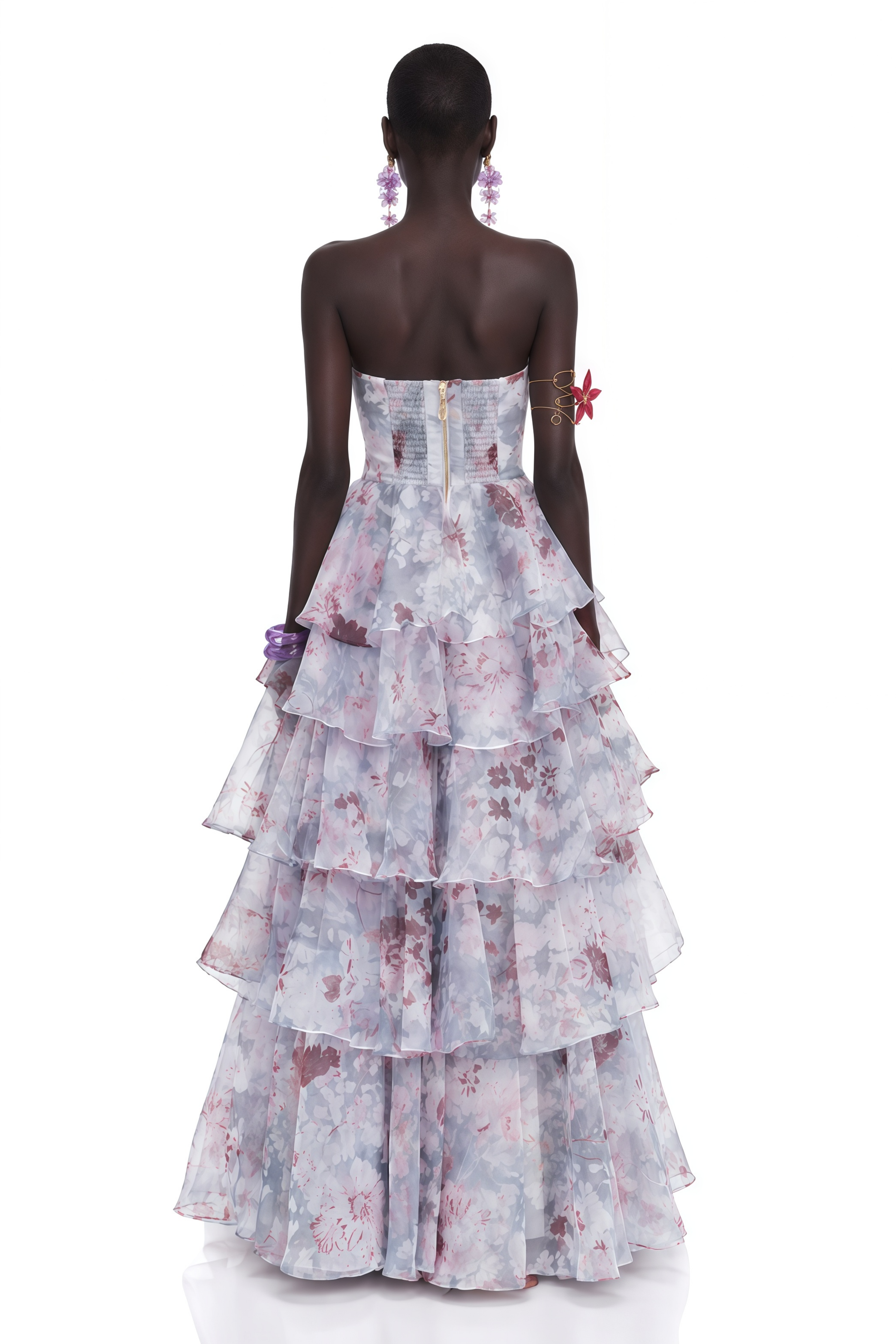Cecile Purple Floral Print Strapless Tiered Maxi Dress