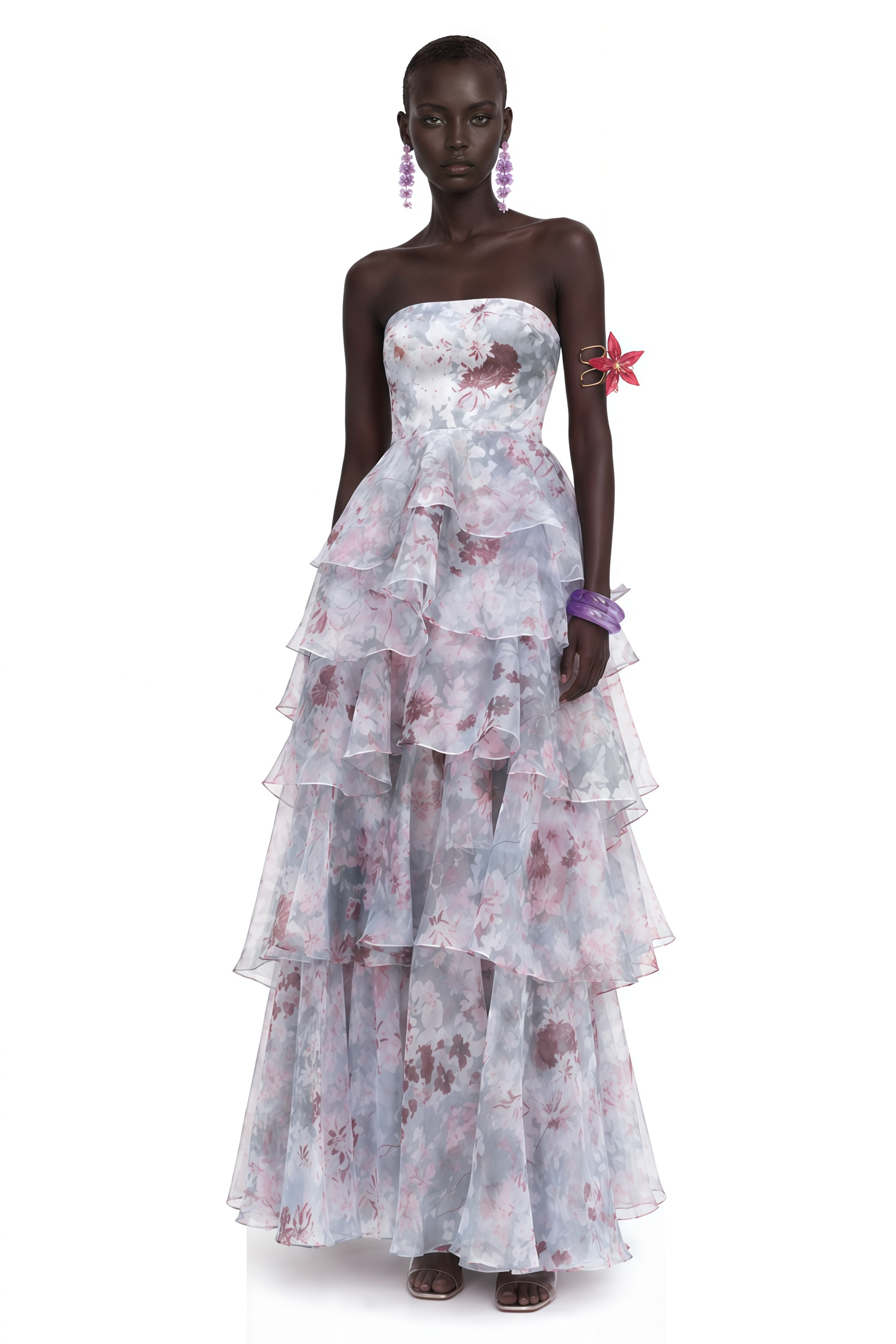 Cecile Purple Floral Print Strapless Tiered Maxi Dress