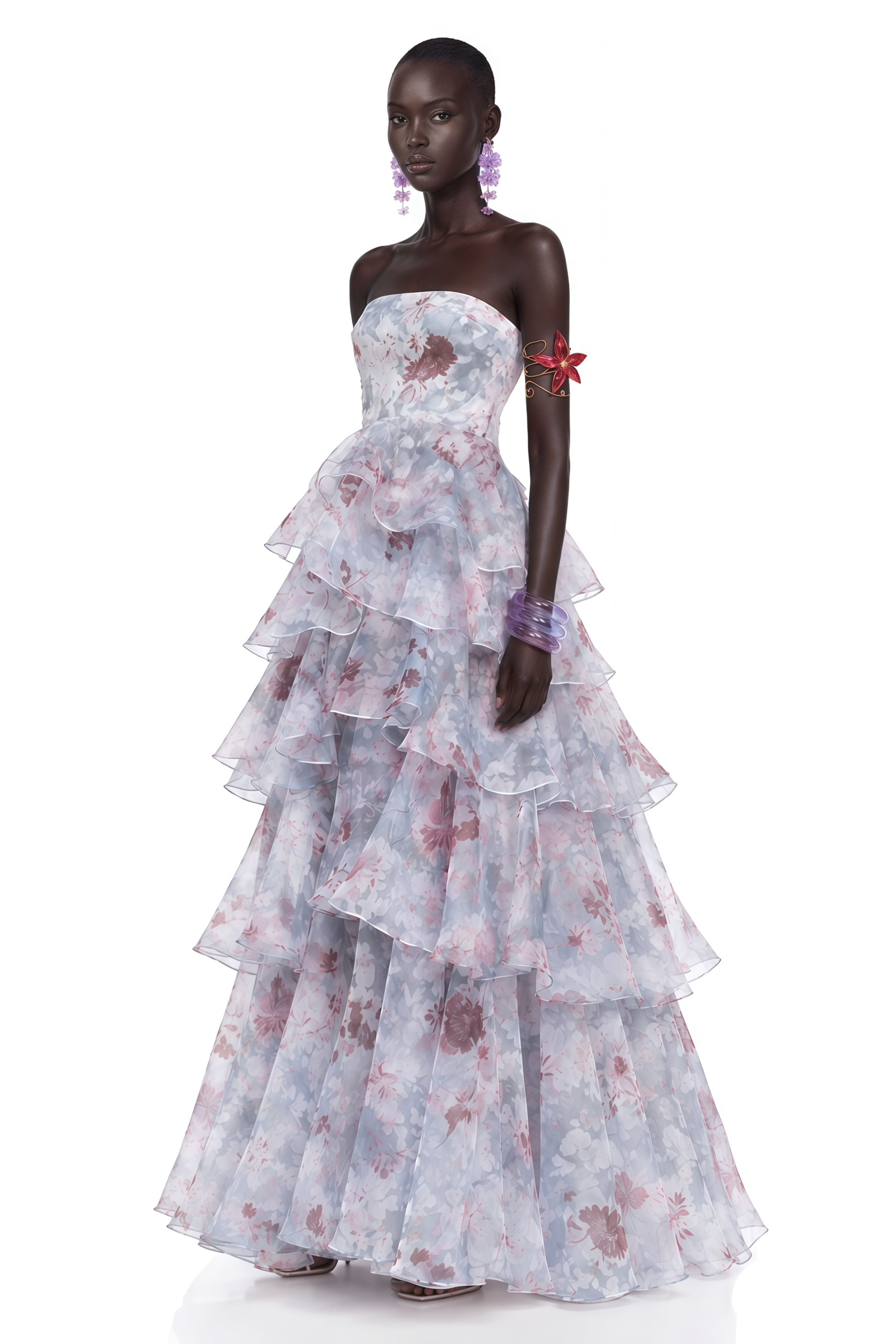 Cecile Purple Floral Print Strapless Tiered Maxi Dress