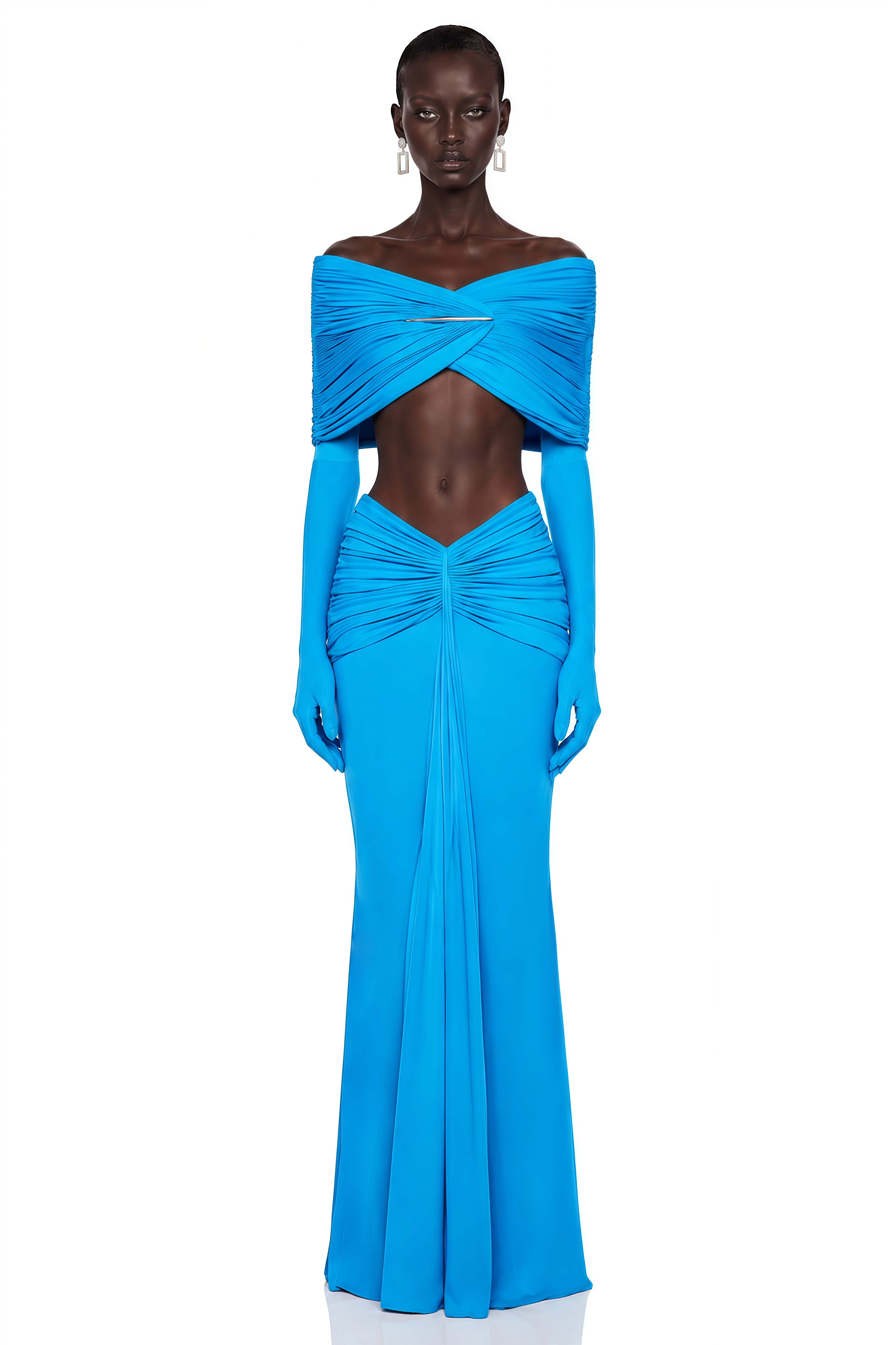Celeste Blue Pleated Cape Crop Top & Skirt Set