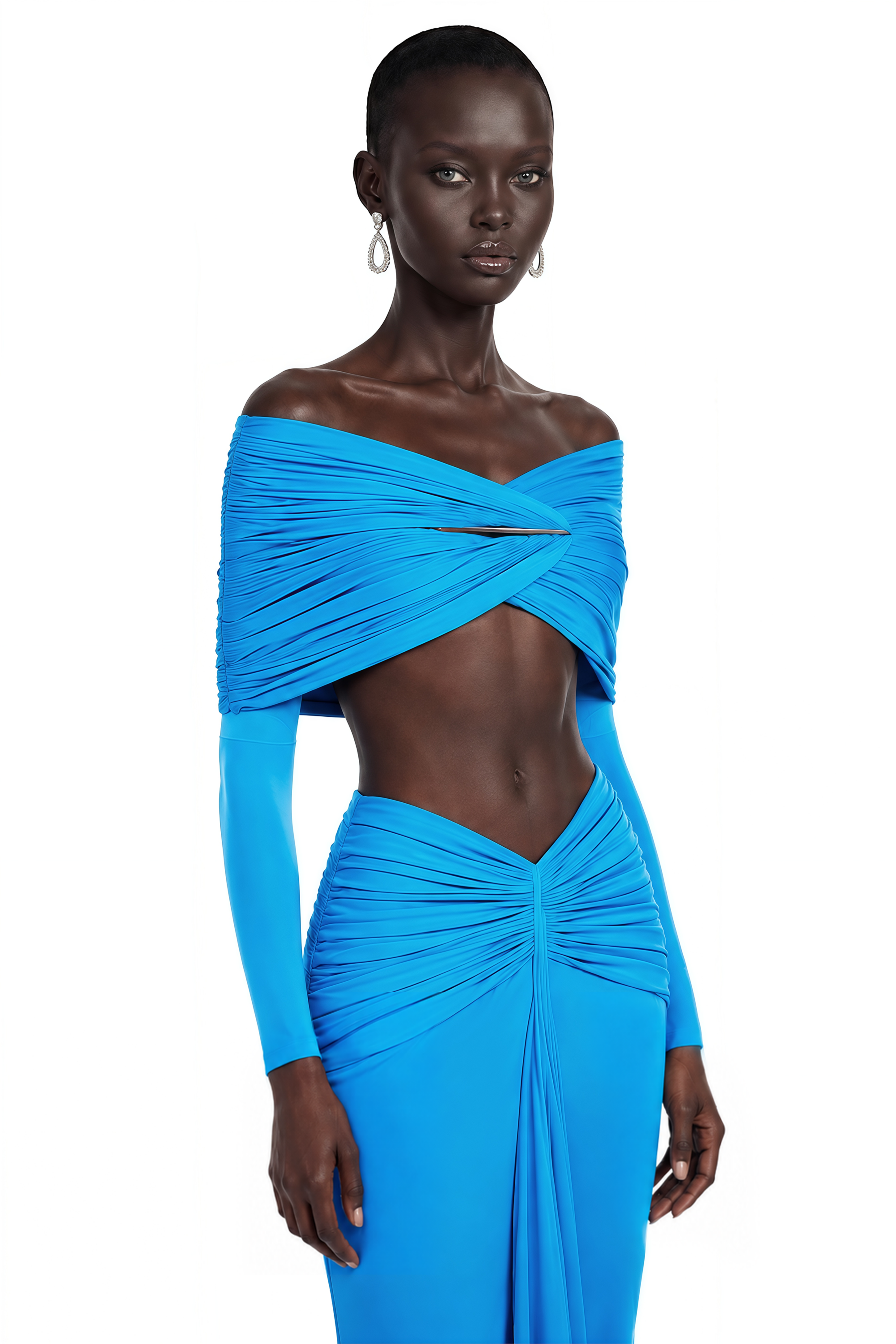 Celeste Blue Pleated Cape Crop Top & Skirt Set