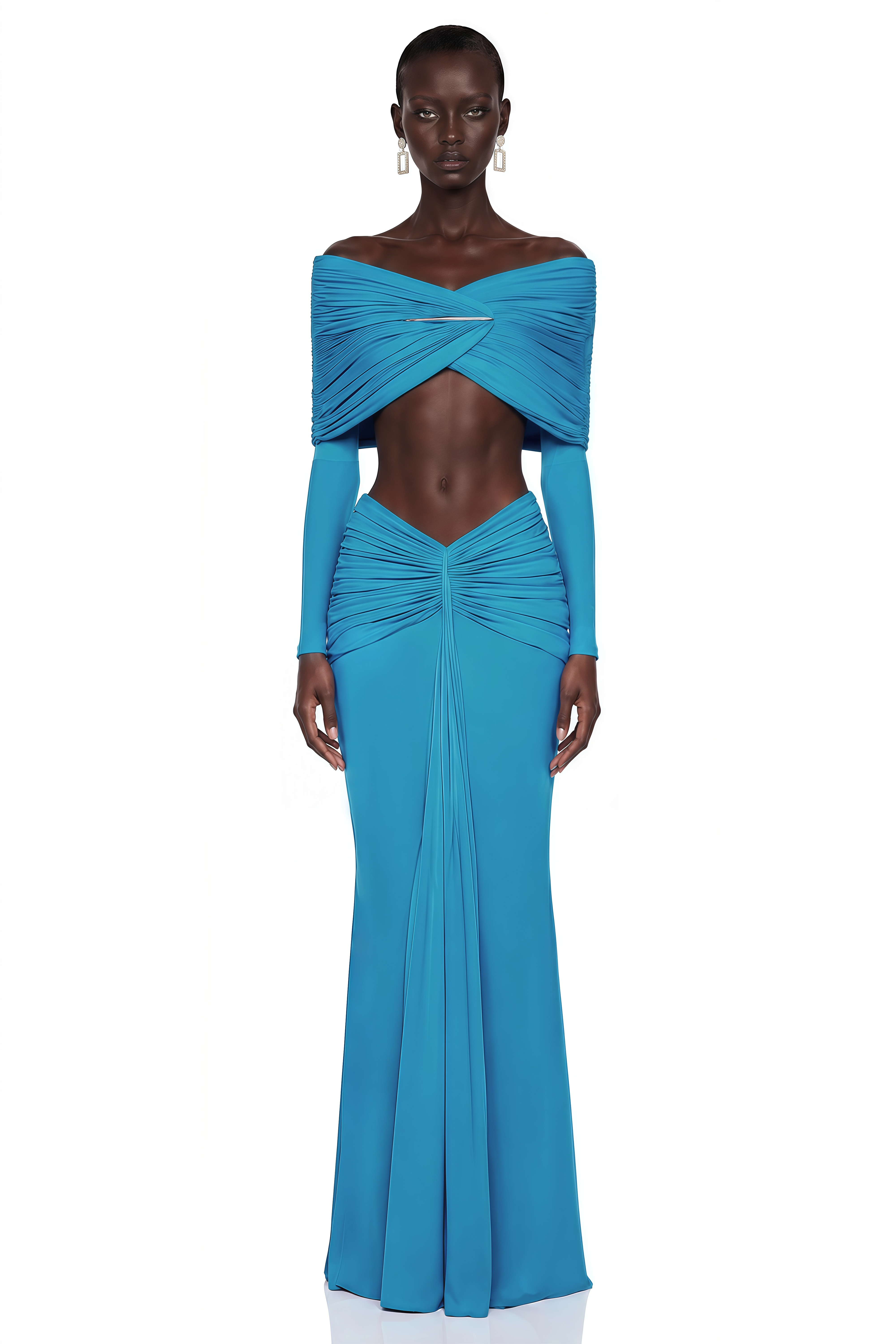 Celeste Blue Pleated Cape Crop Top & Skirt Set