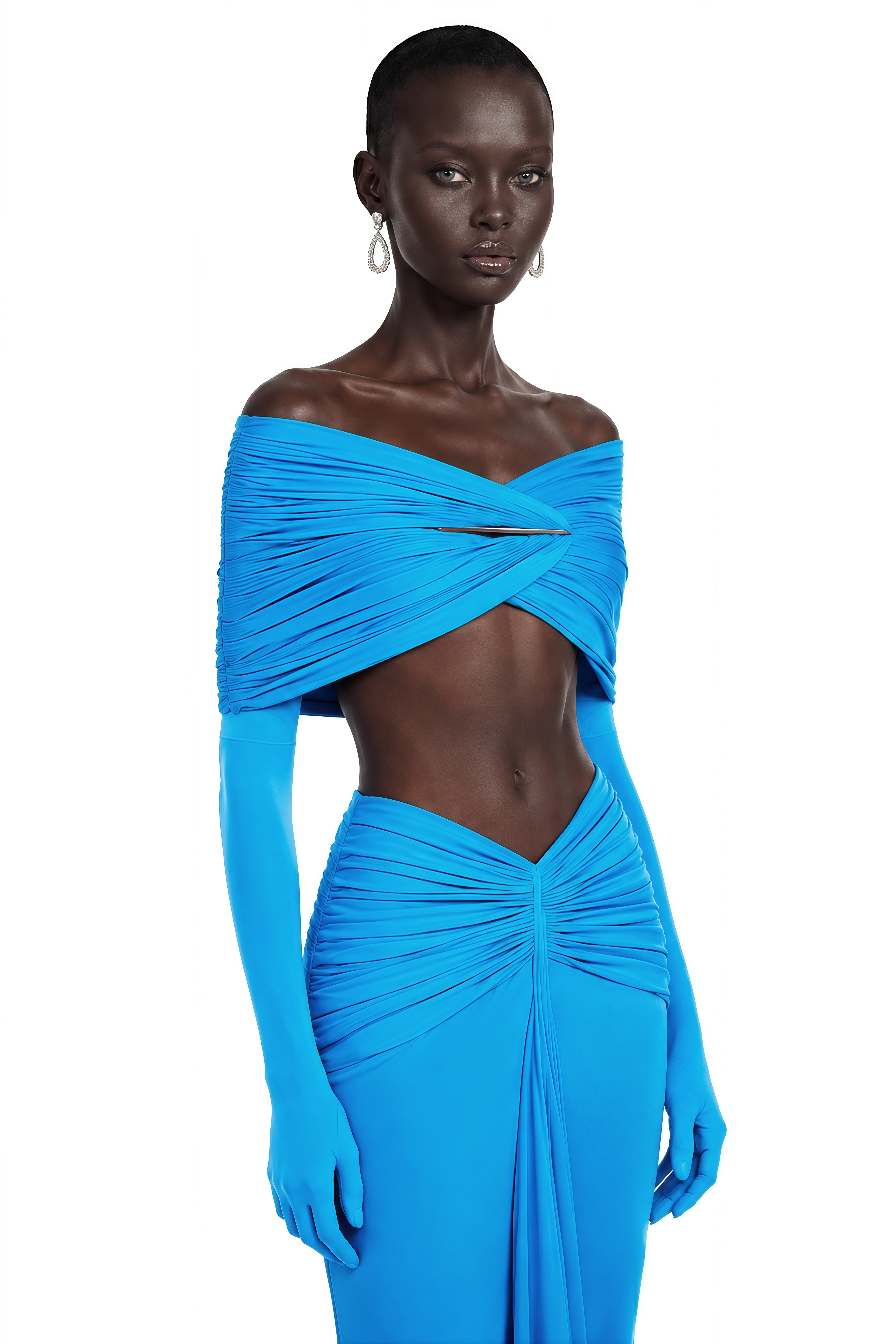Celeste Blue Pleated Cape Crop Top & Skirt Set