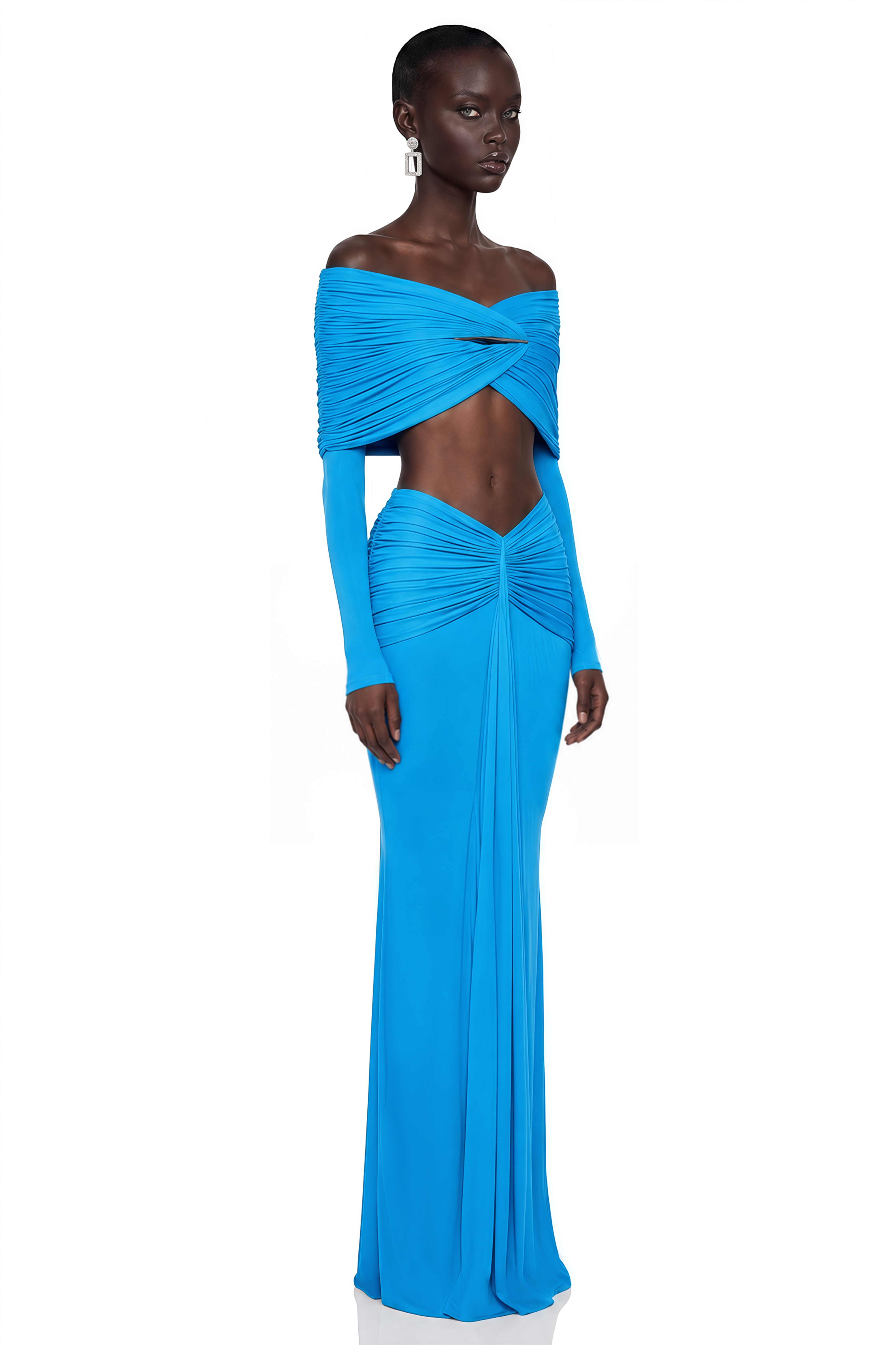 Celeste Blue Pleated Cape Crop Top & Skirt Set