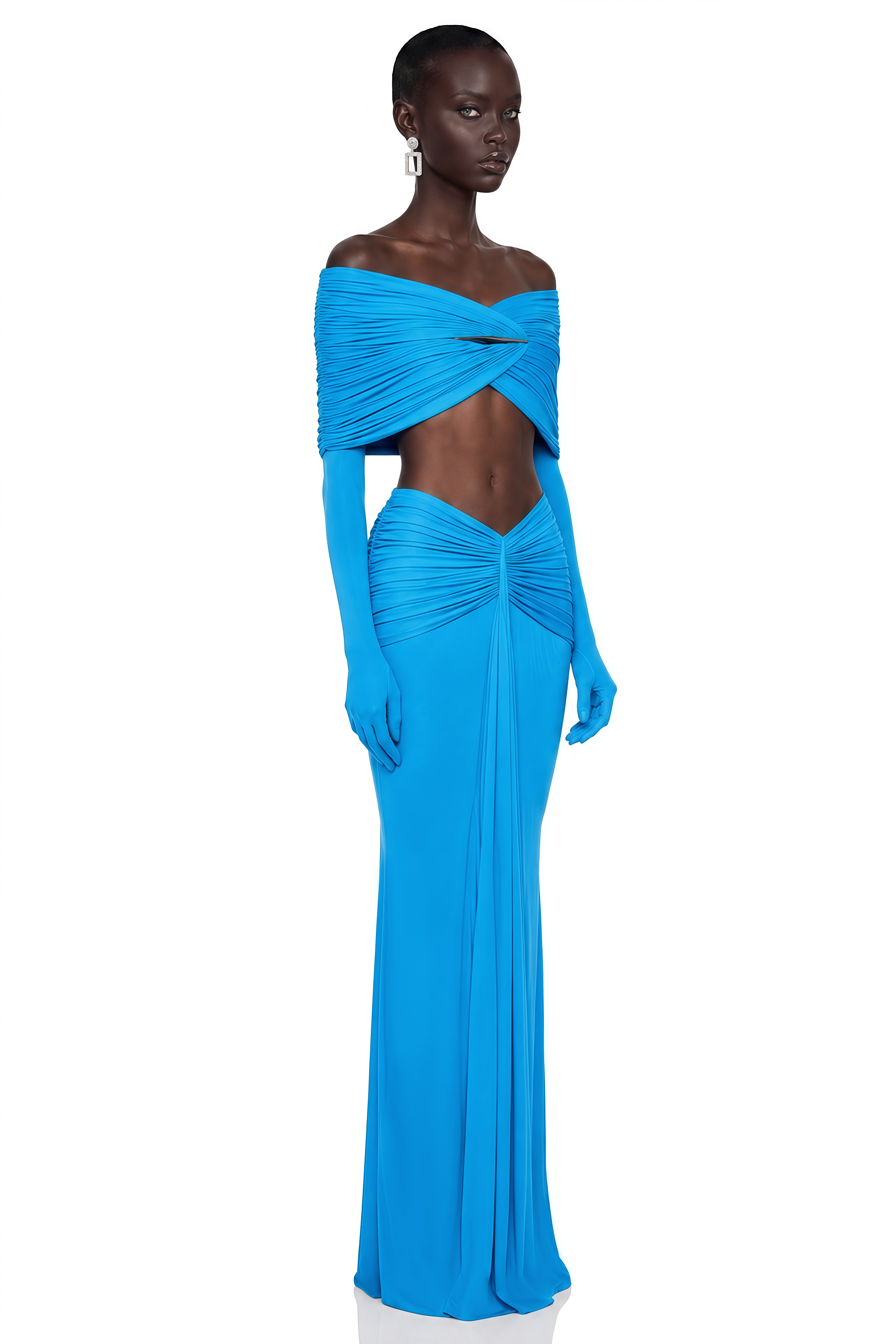 Celeste Blue Pleated Cape Crop Top & Skirt Set