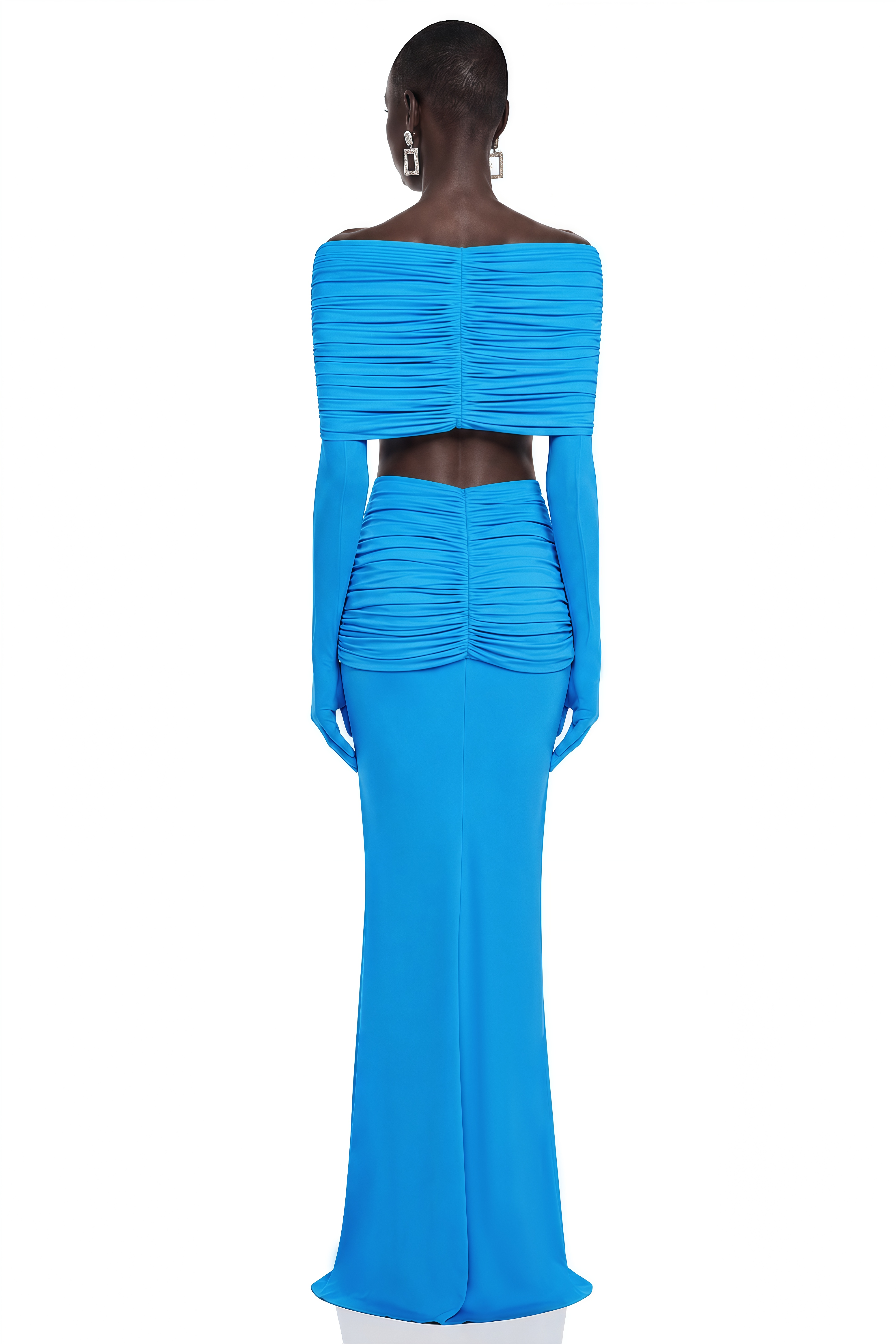 Celeste Blue Pleated Cape Crop Top & Skirt Set