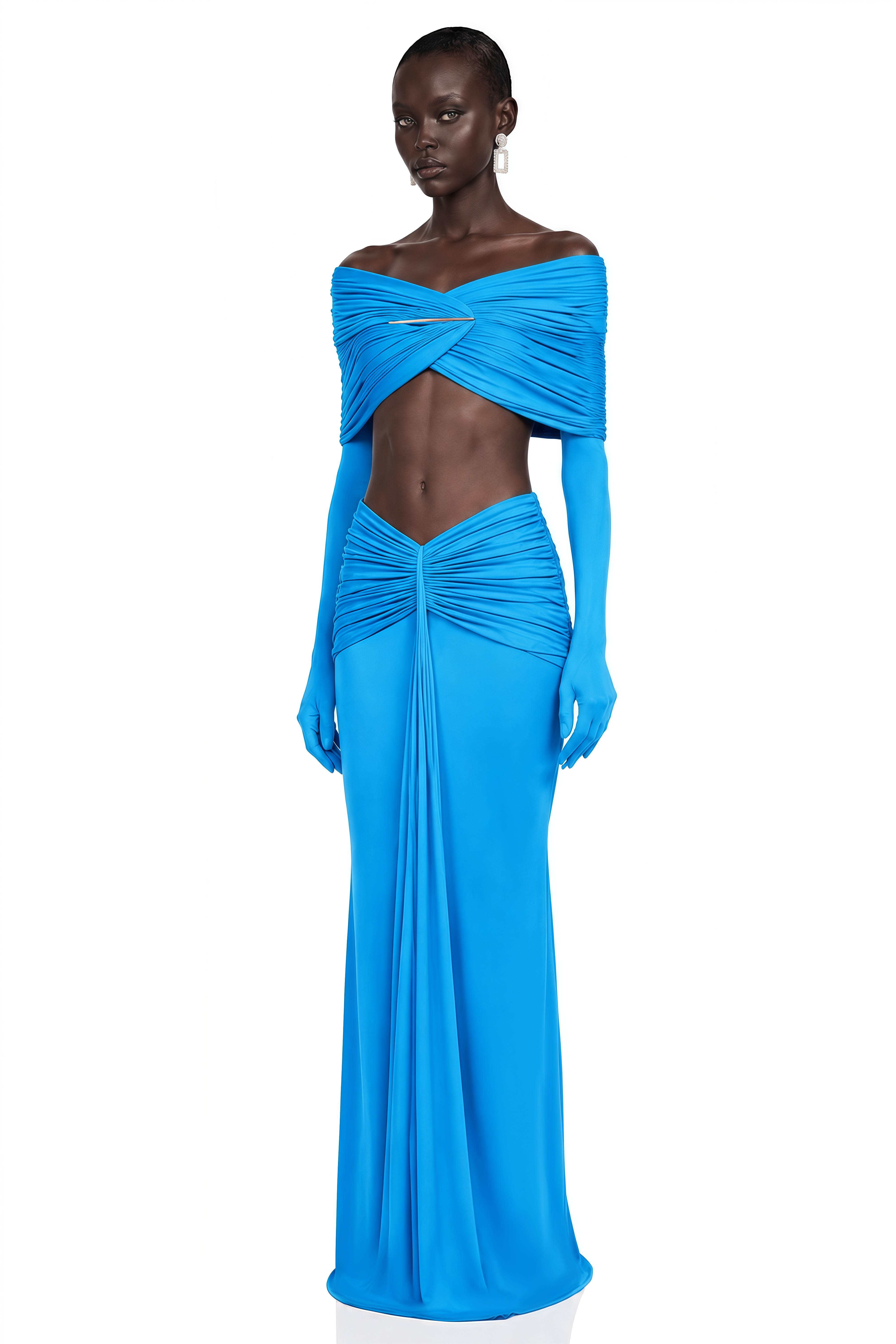Celeste Blue Pleated Cape Crop Top & Skirt Set