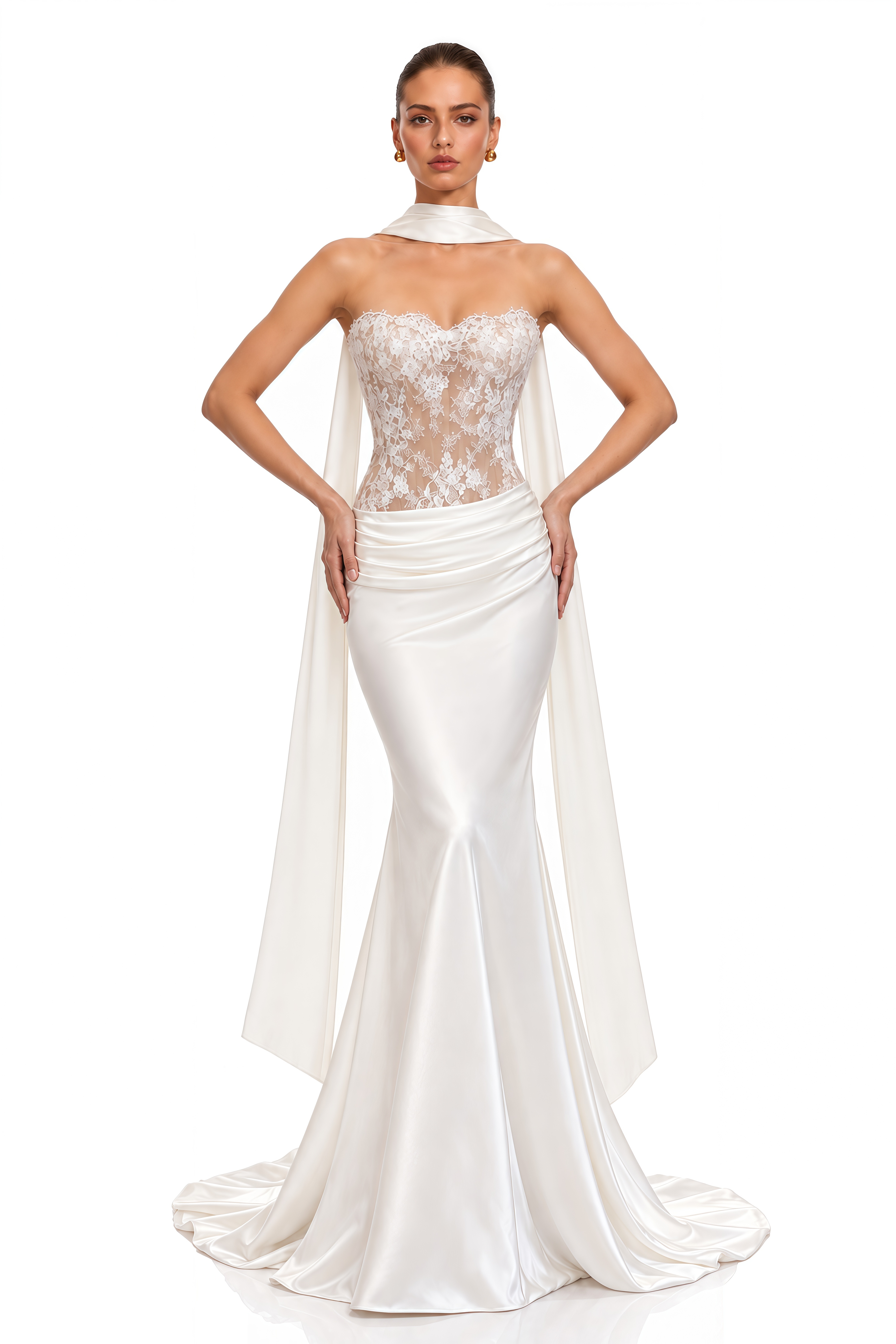 Celeste Ivory Lace Corset Draped Satin Maxi Dress