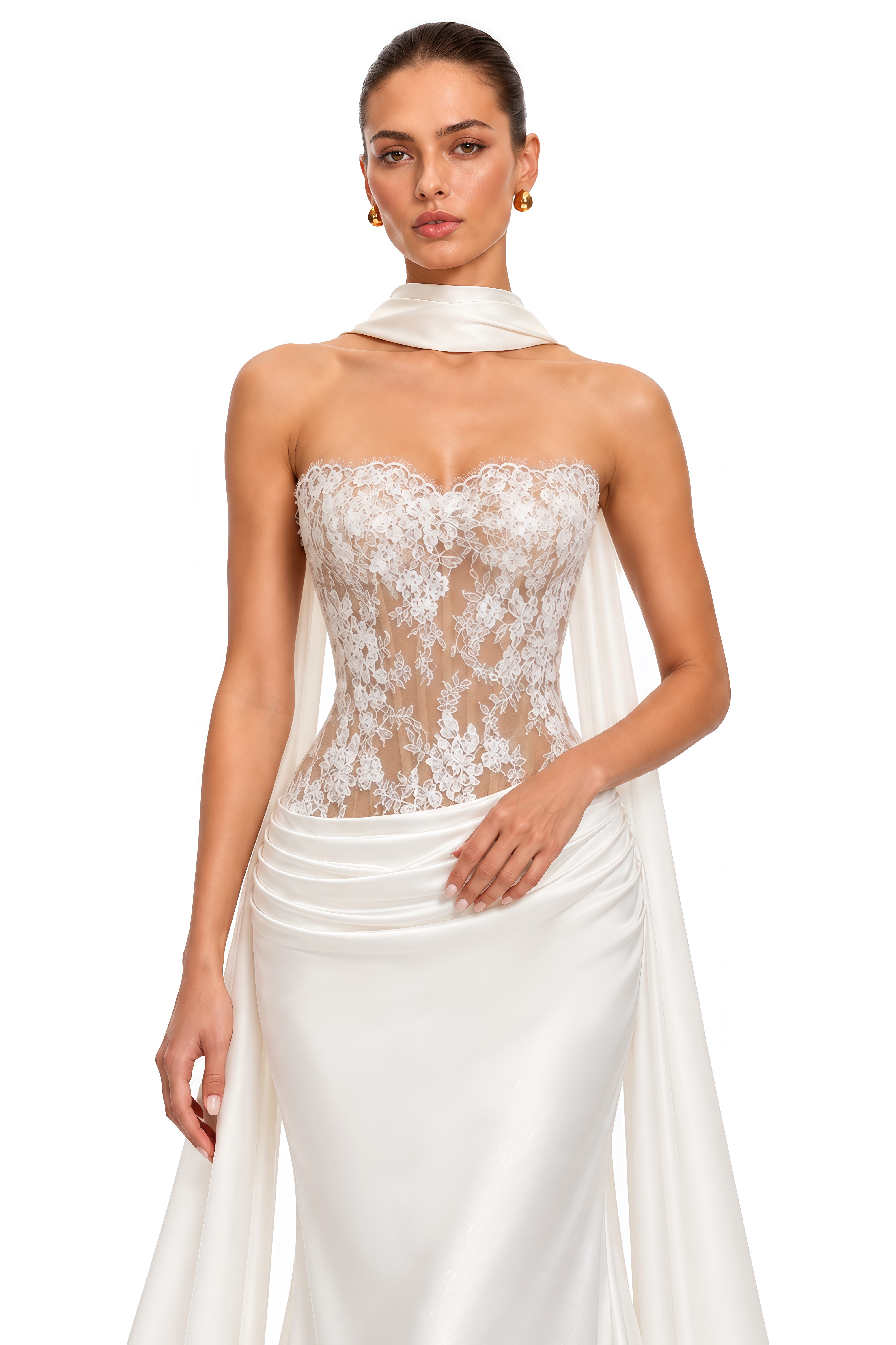Celeste Ivory Lace Corset Draped Satin Maxi Dress