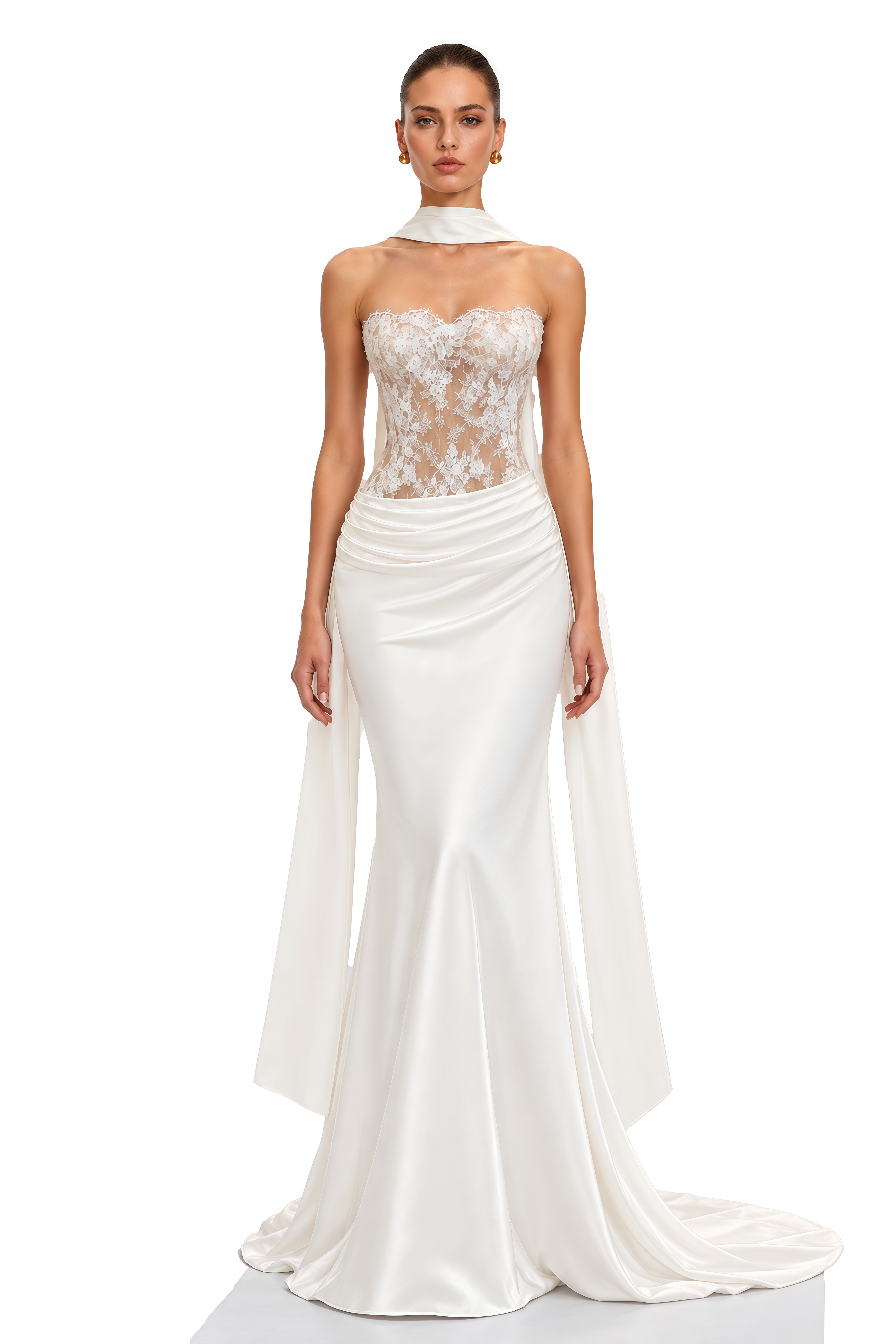 Celeste Ivory Lace Corset Draped Satin Maxi Dress
