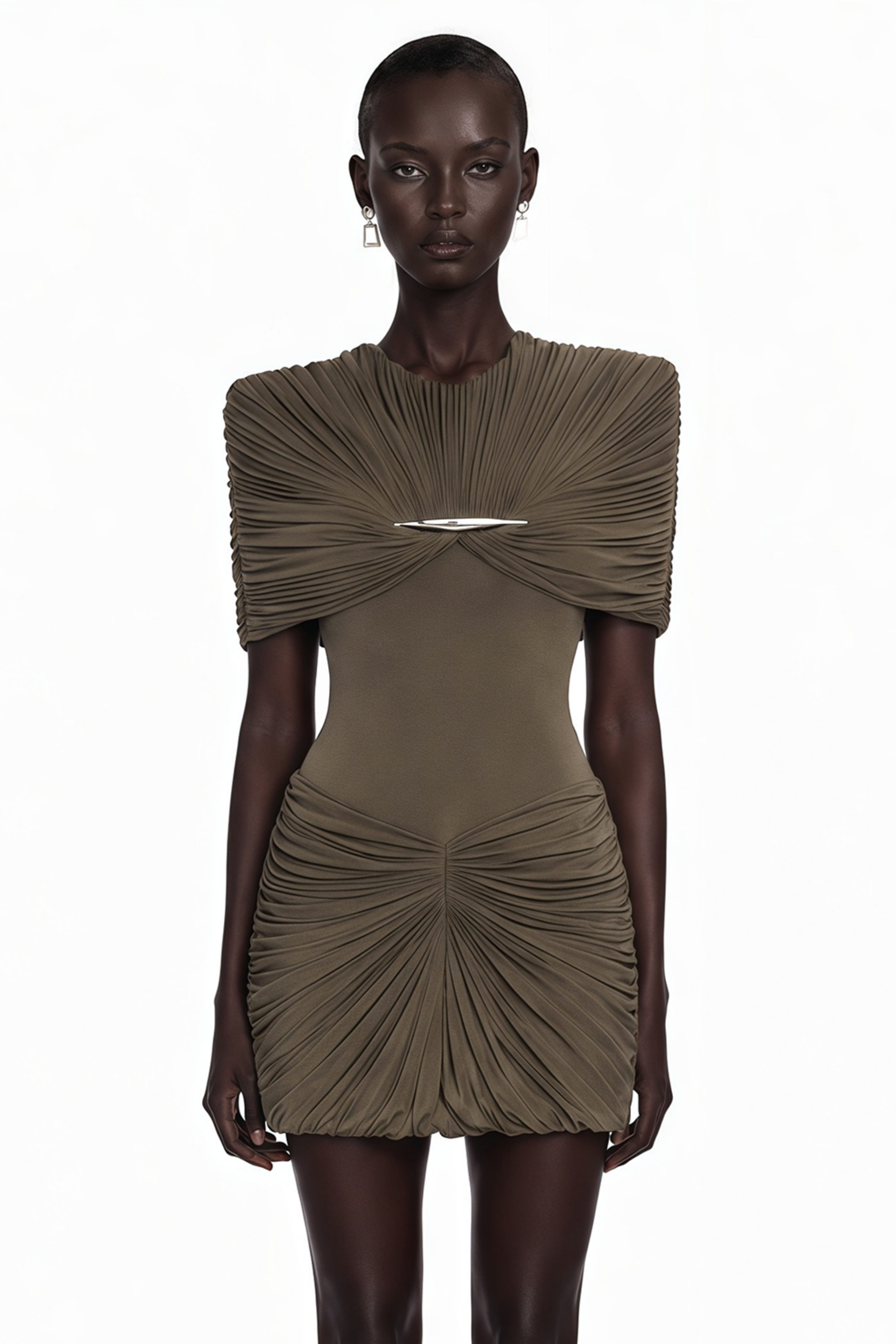 Taupe pleated mini dress with draped shoulders and hardware accent