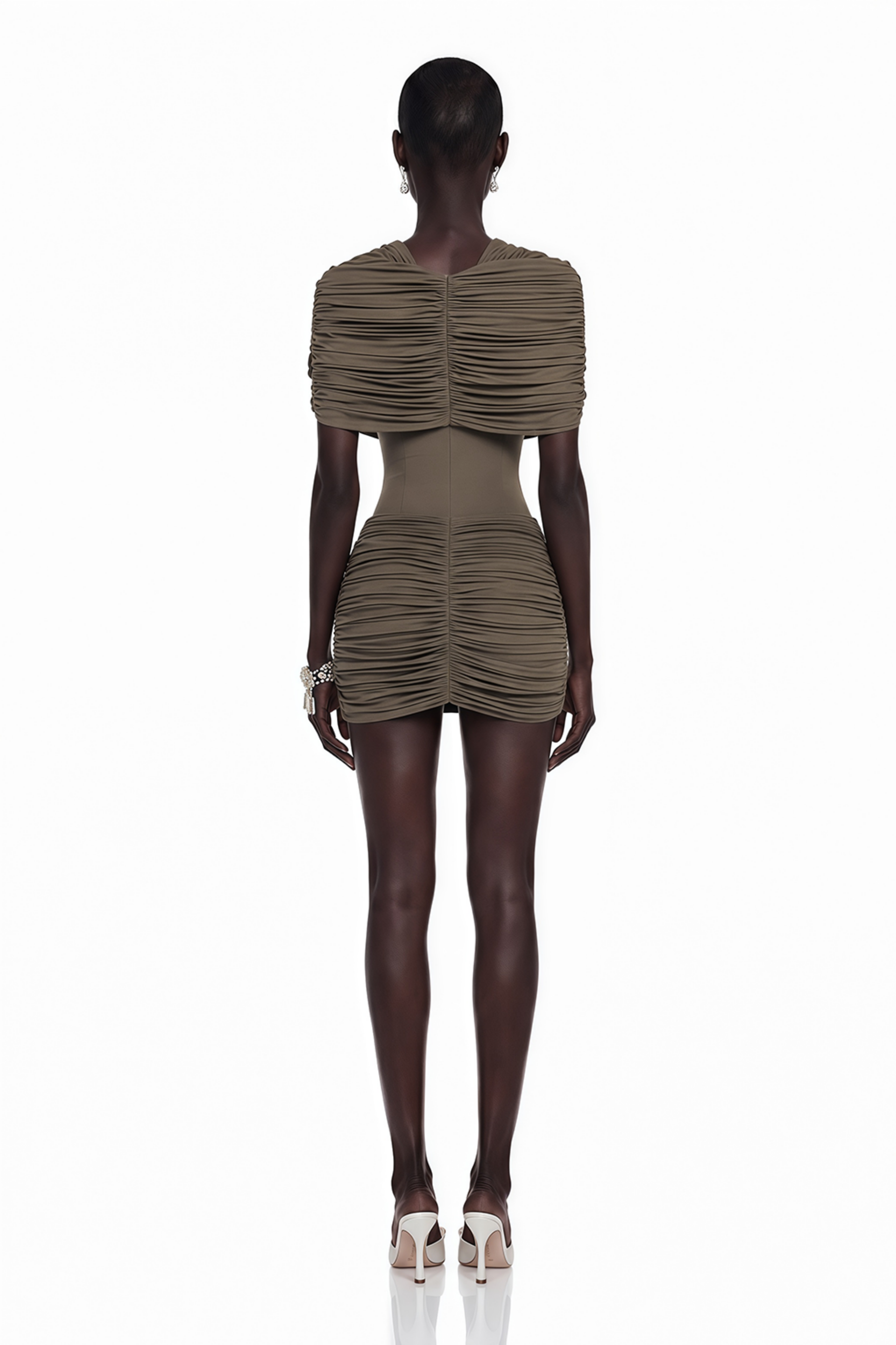 Taupe pleated mini dress with draped shoulders and hardware accent