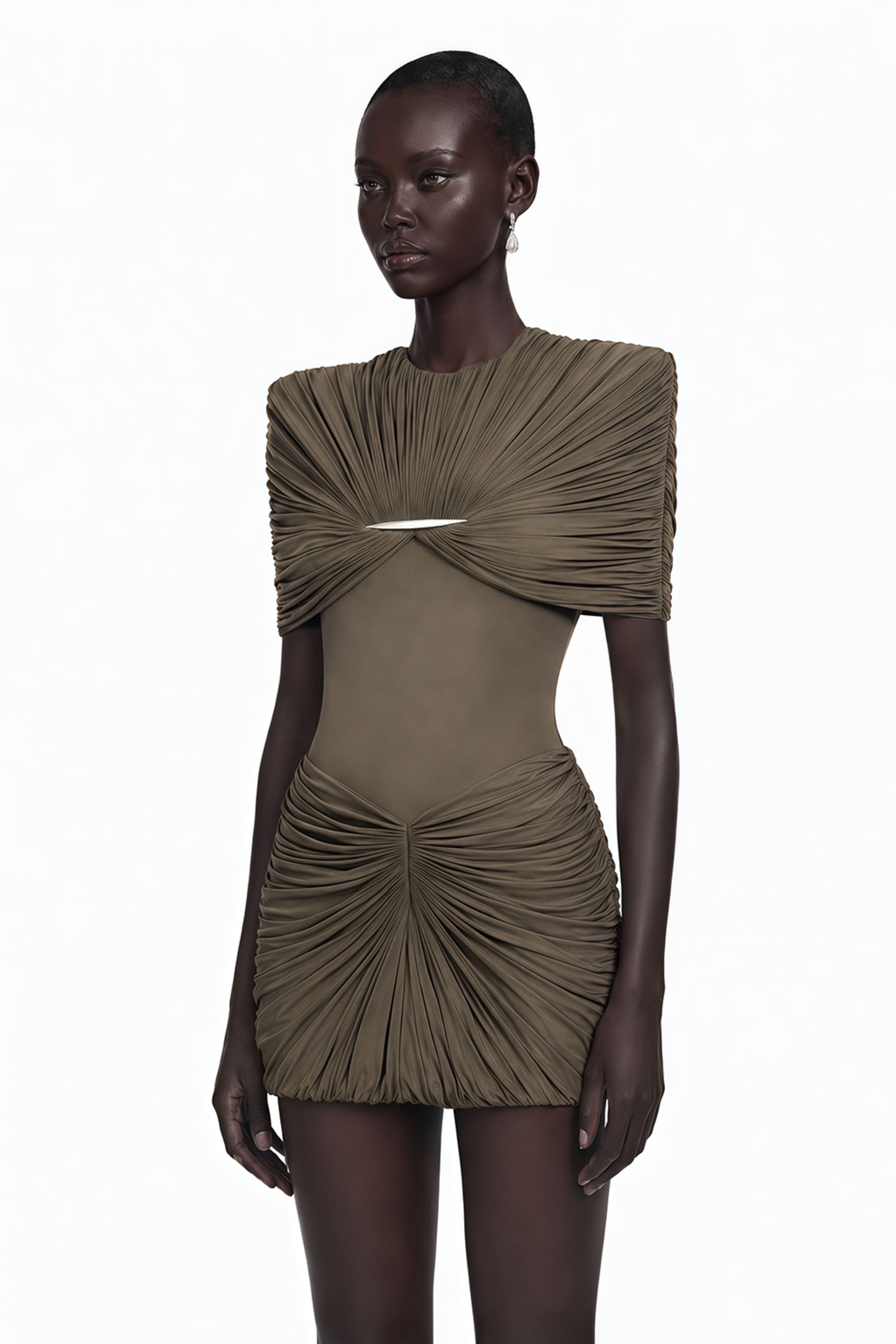 Taupe pleated mini dress with draped shoulders and hardware accent