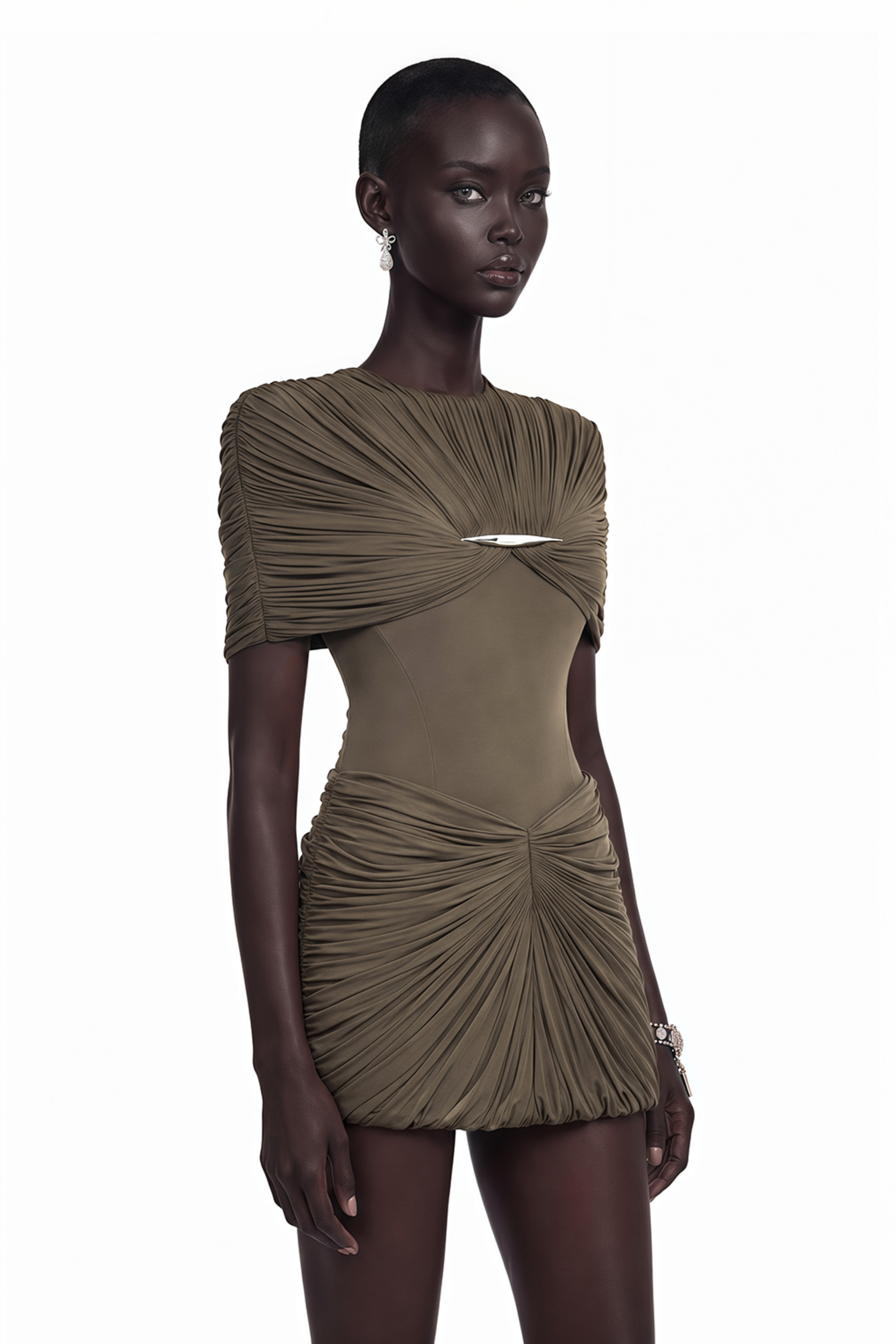 Taupe pleated mini dress with draped shoulders and hardware accent