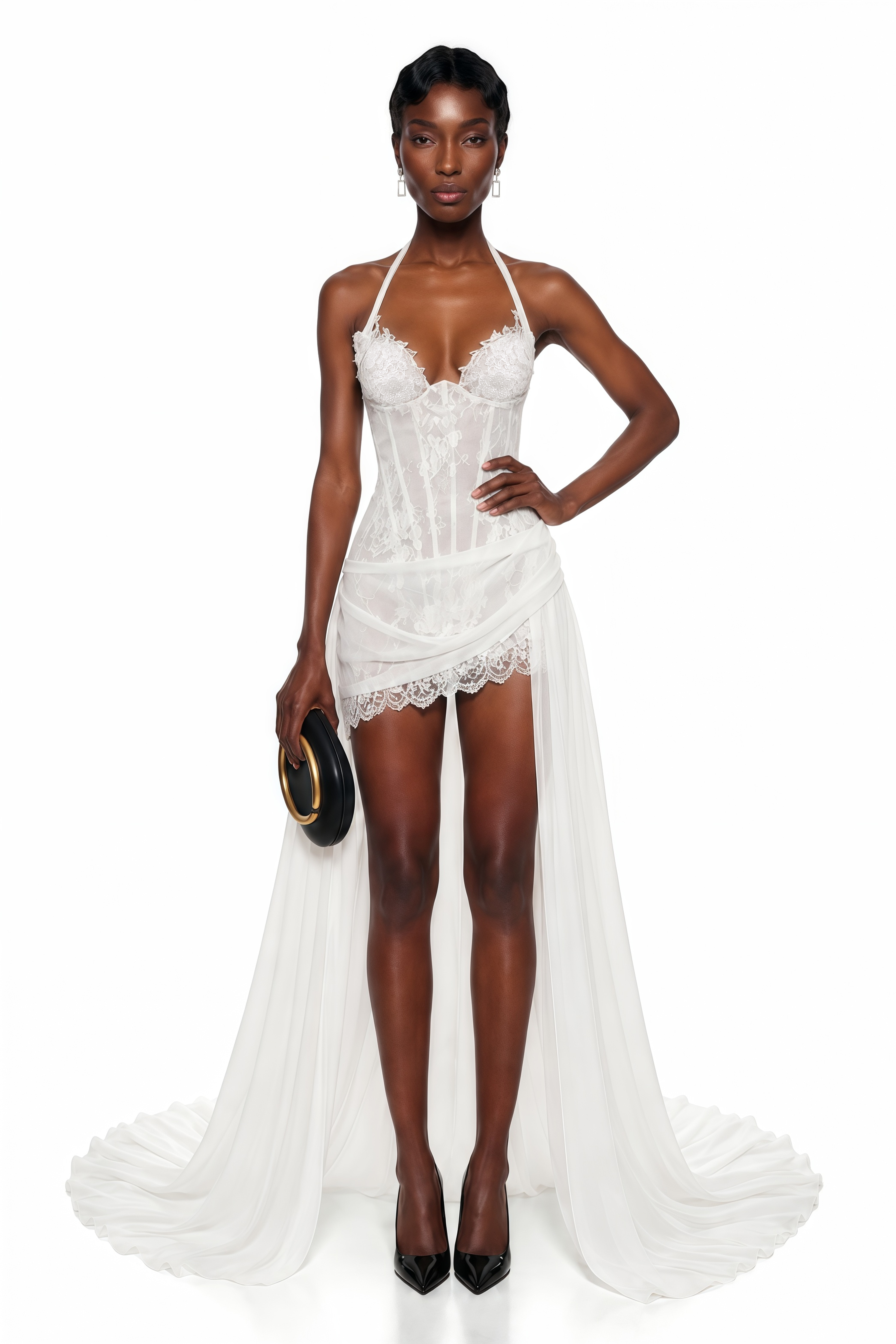White halter lace mini dress with a corset bodice and long flowing train