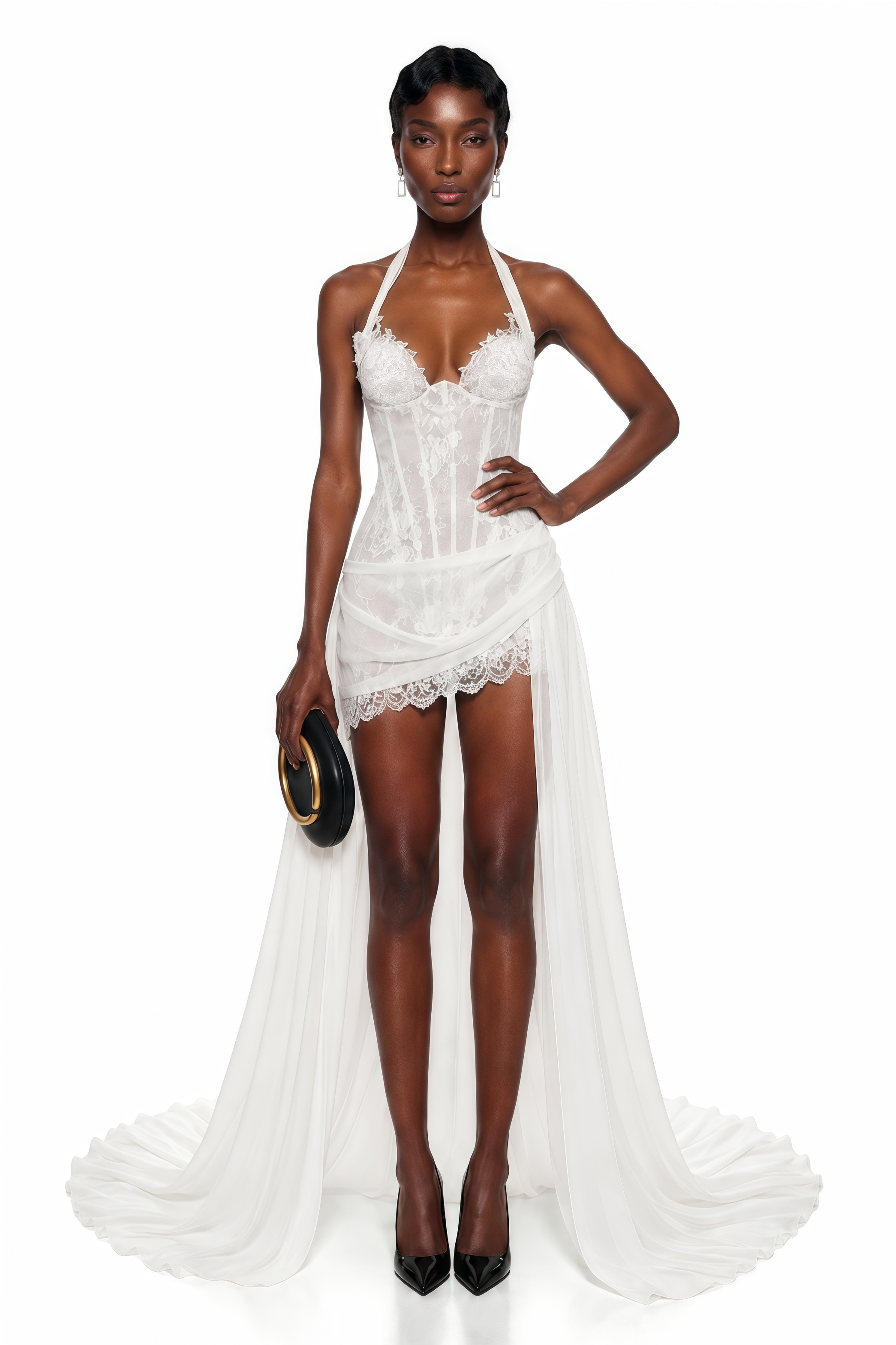 White halter corset gown with lace cups and a draped high-slit skirt