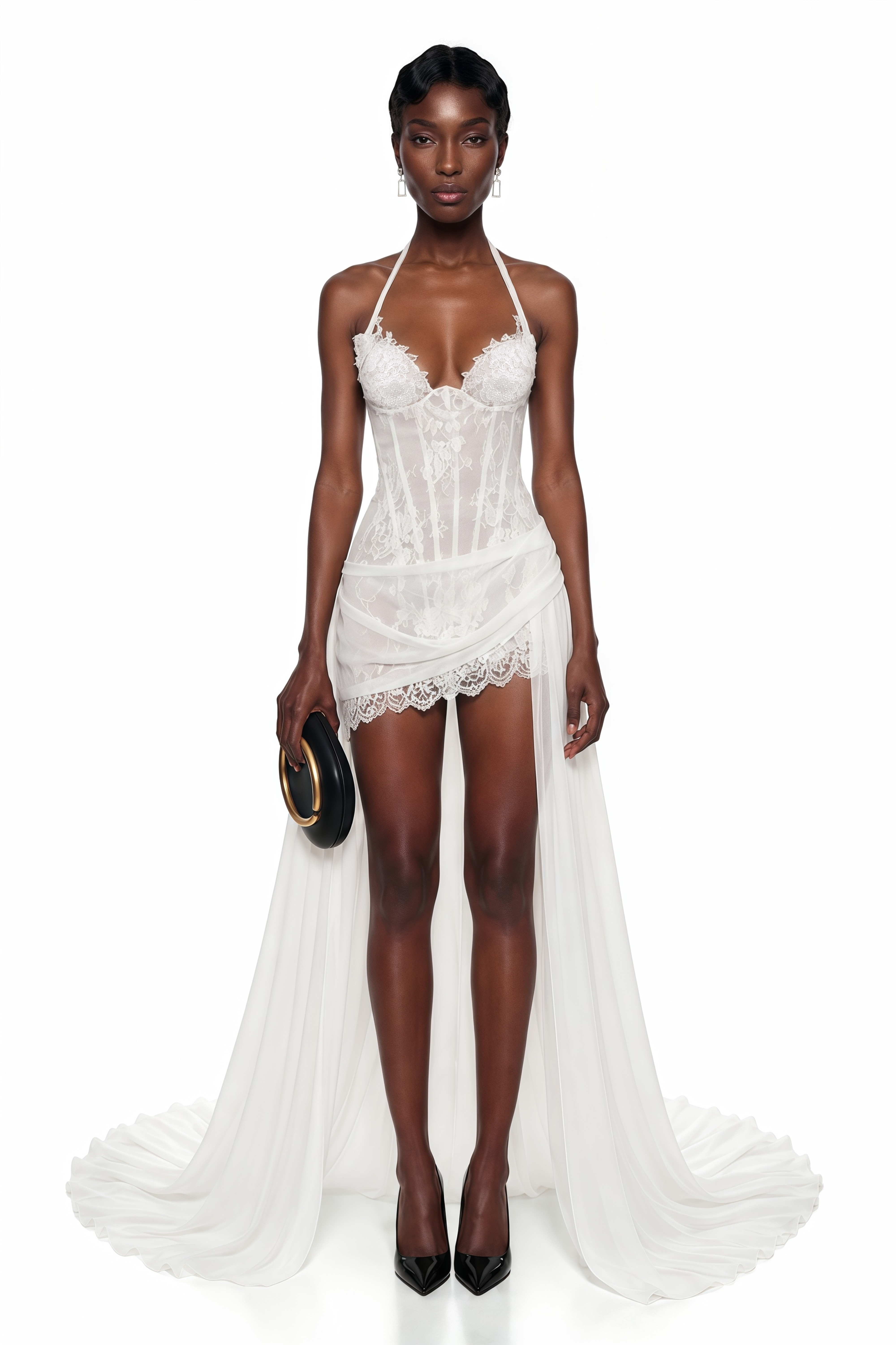 White halter lace mini dress with a corset bodice and long flowing train