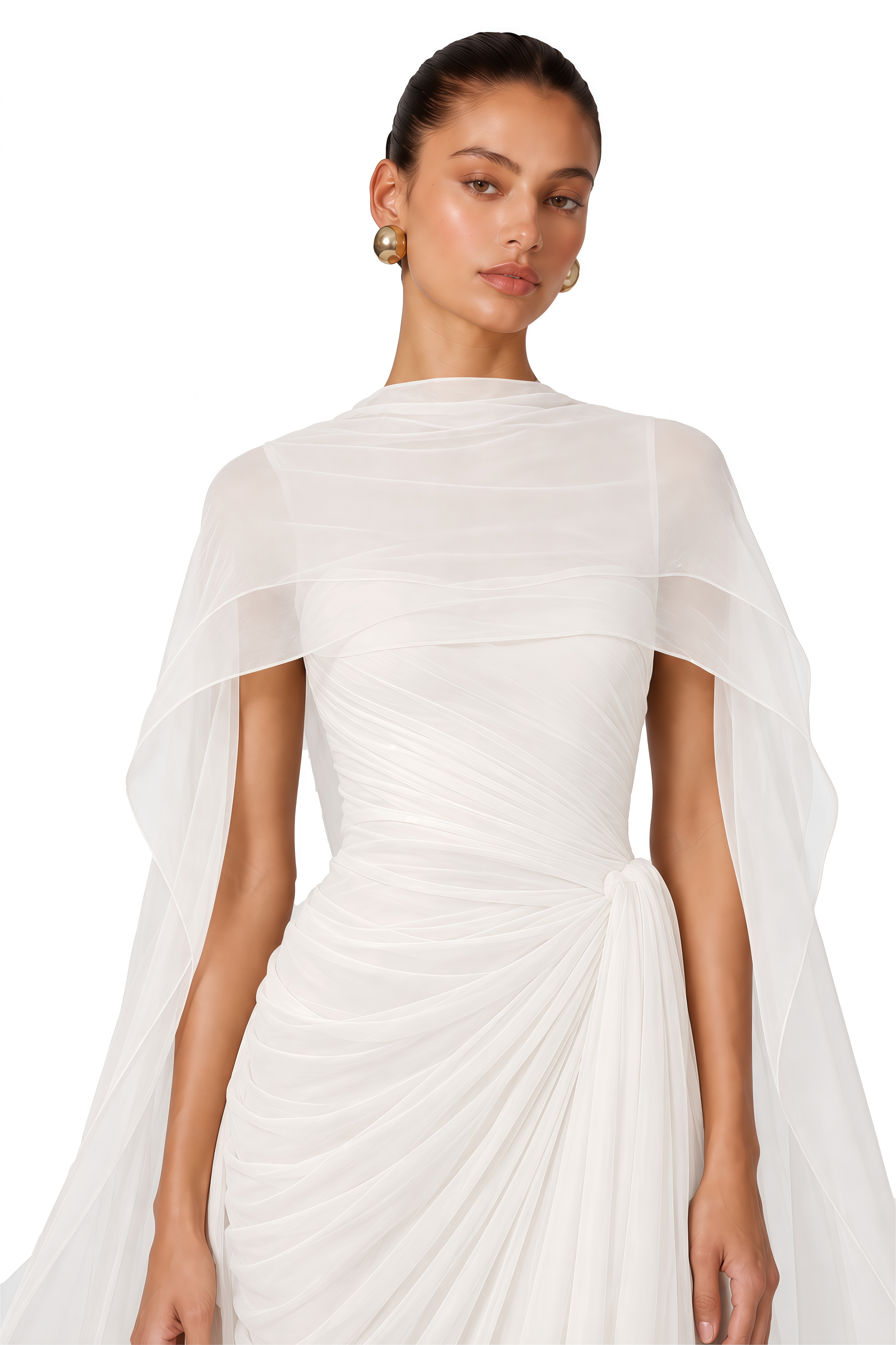 Celestine White Draped Cape Ruched Maxi Dress