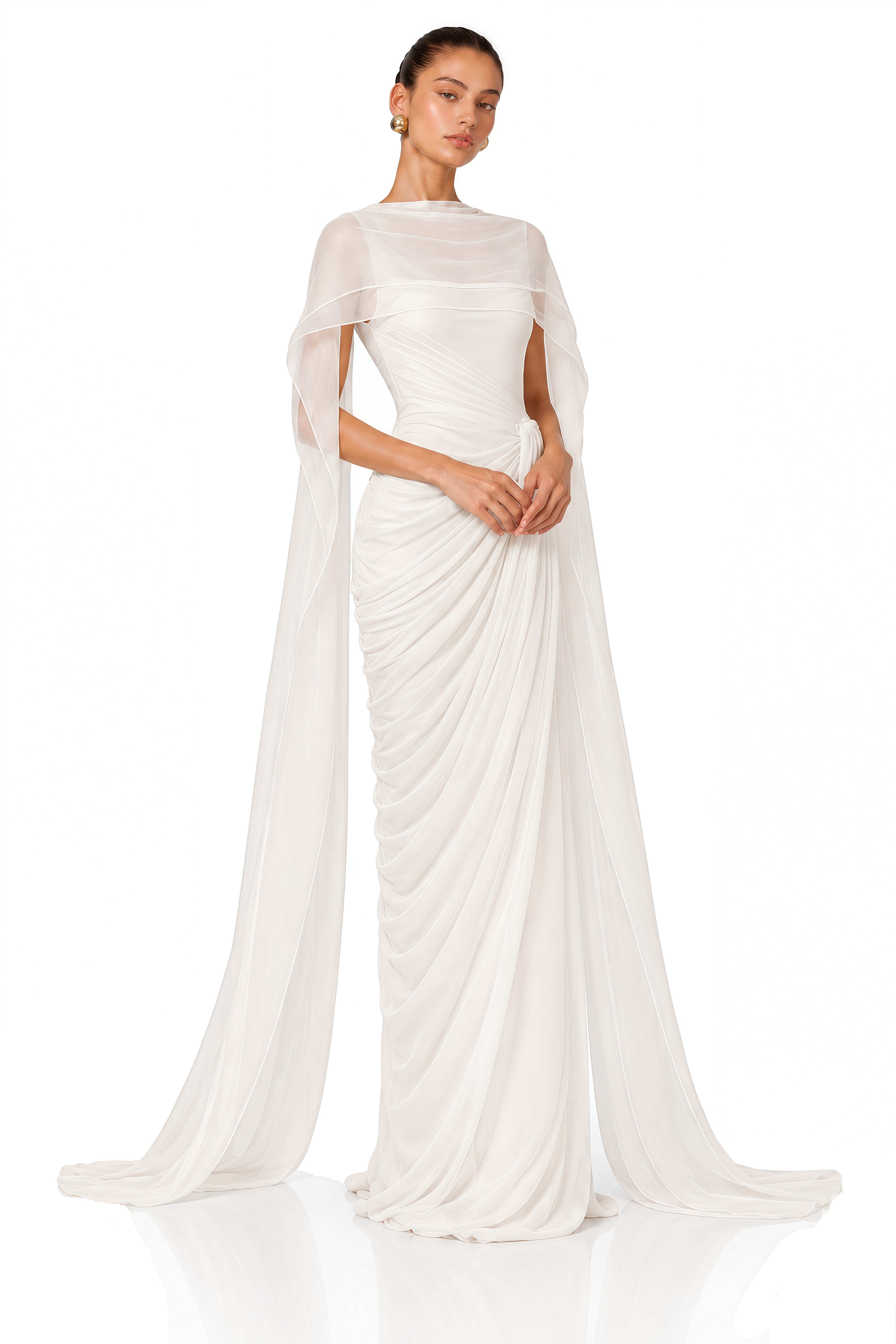 Celestine White Draped Cape Ruched Maxi Dress