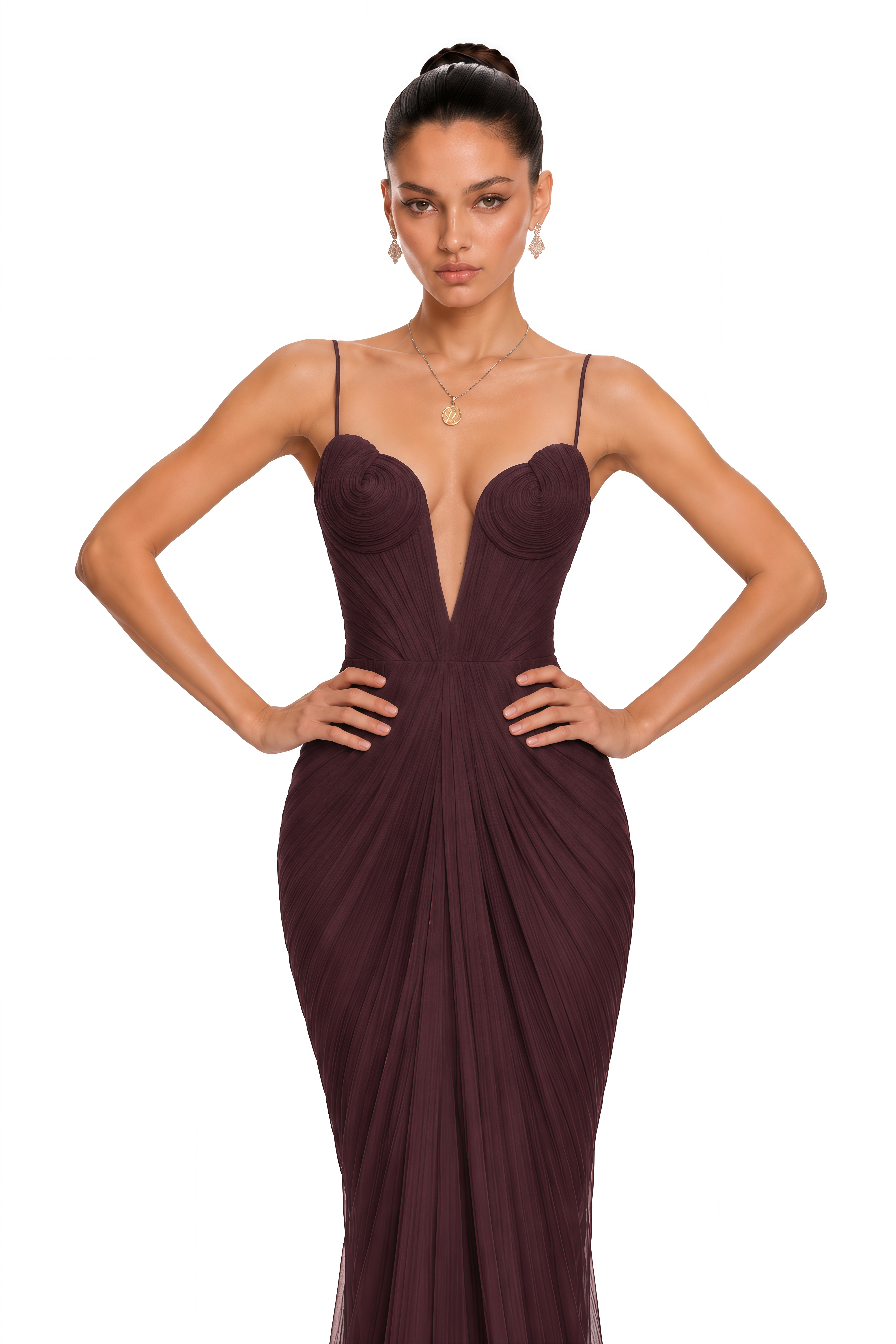Celine Burgundy Ruched Plunge Maxi Dress