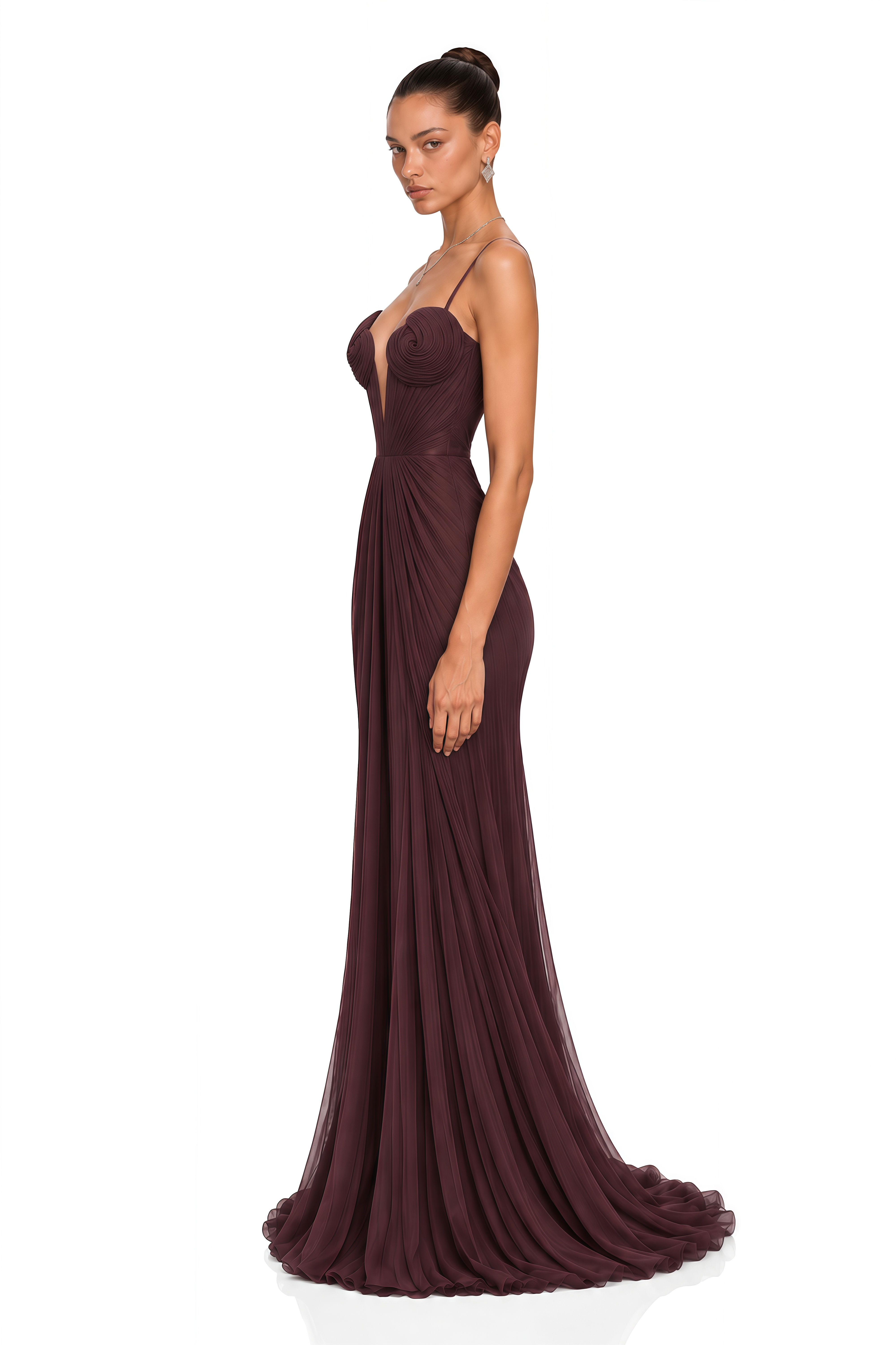 Celine Burgundy Ruched Plunge Maxi Dress