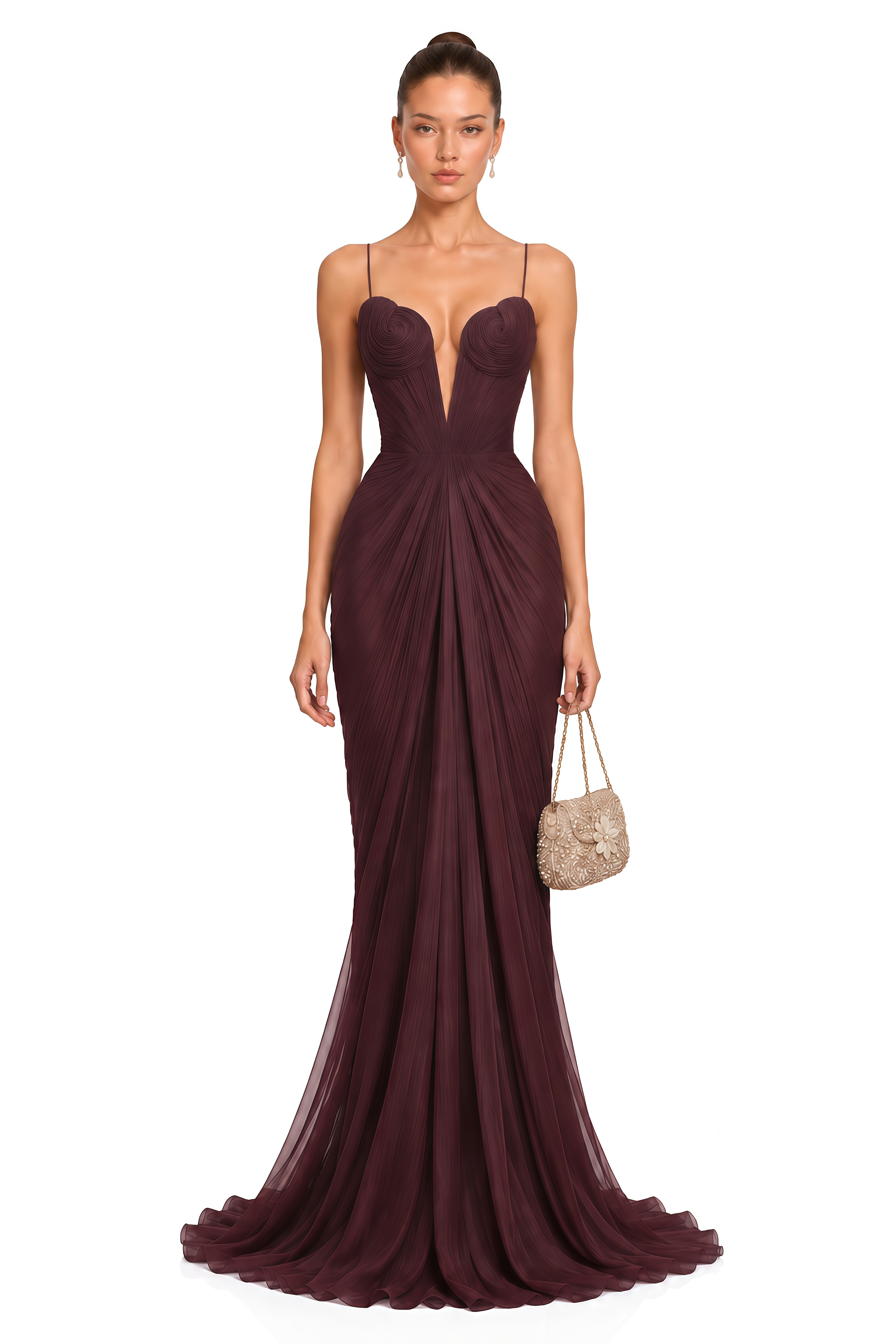 Celine Burgundy Ruched Plunge Maxi Dress