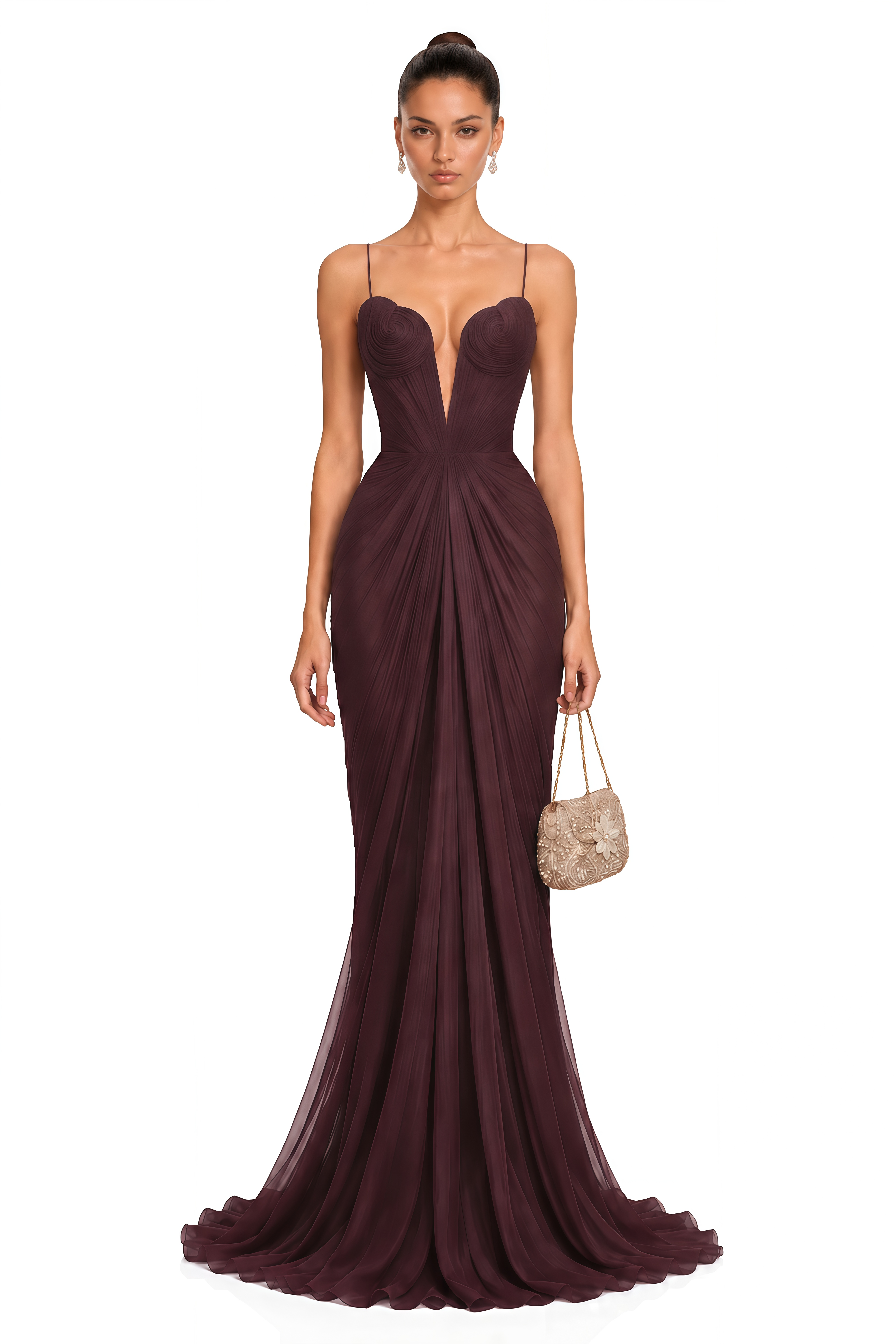 Celine Burgundy Ruched Plunge Maxi Dress
