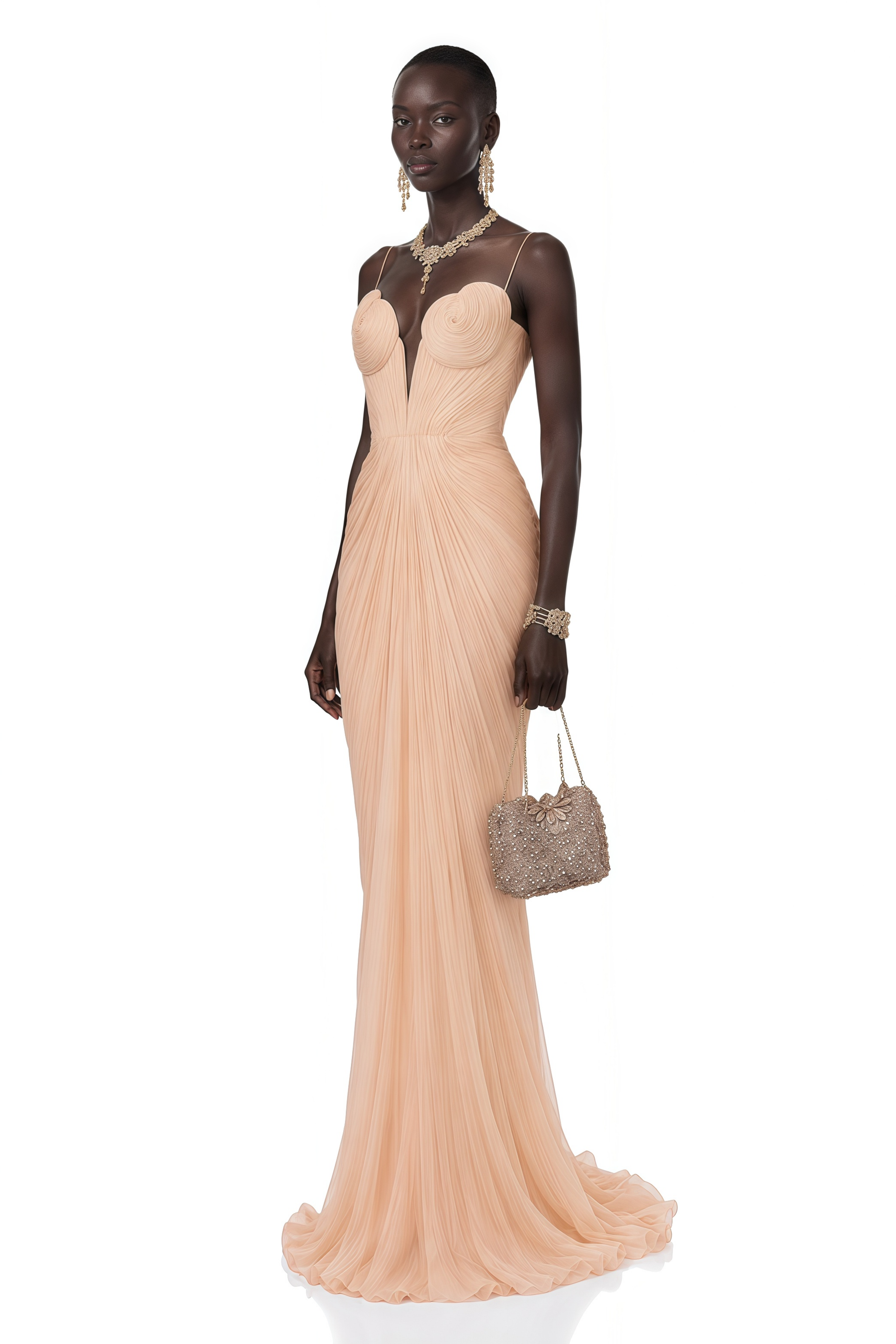 Celine Neutral Ruched Plunge Maxi Dress