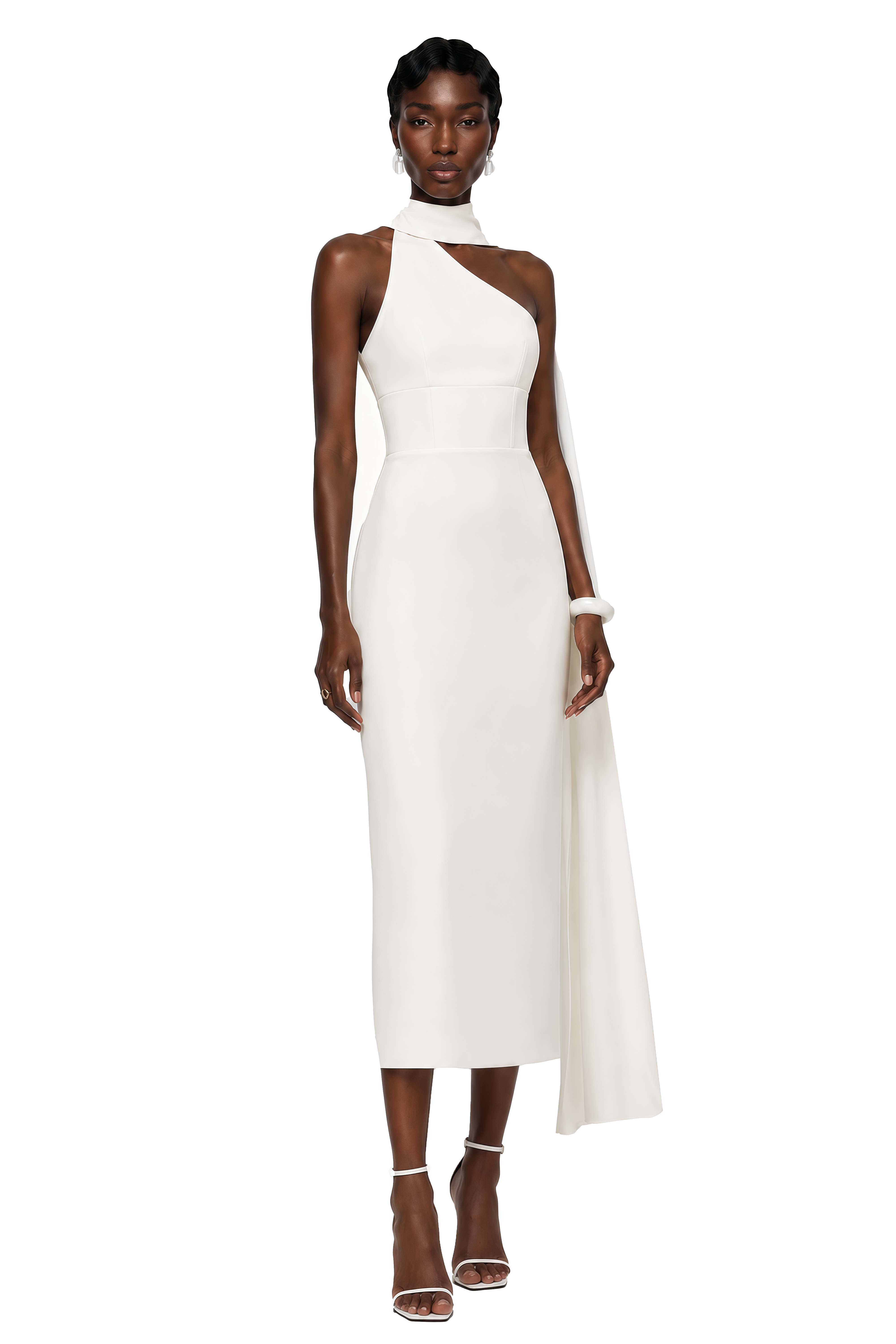 Cennet White One Shoulder Midi Dress with Cape